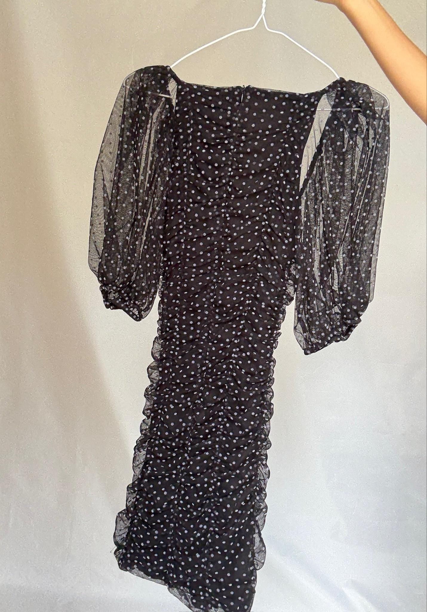 Vintage black sheer polka dot mini dress with puff sleeves US letter size XS Ruched mesh body with back zip and elastic