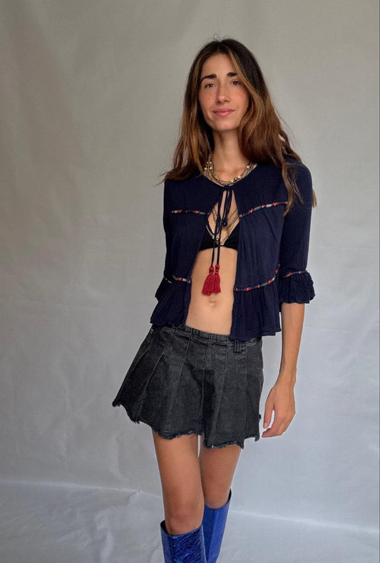 Navy Cotton Blouse with Tassel Ties — detail