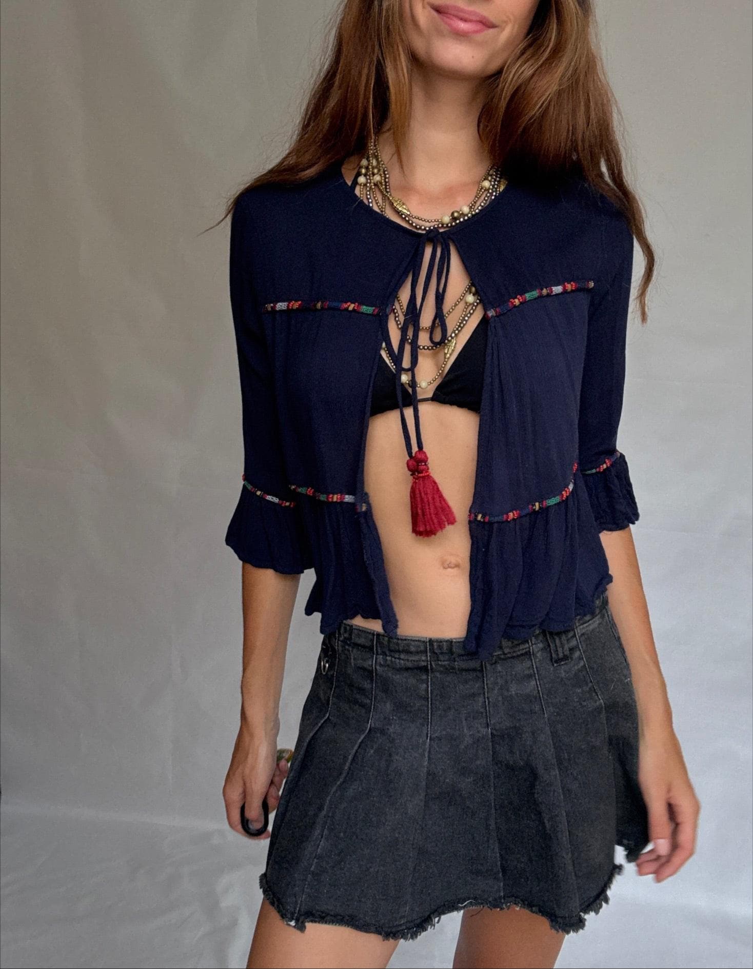 Navy Cotton Blouse with Tassel Ties — additional view 5