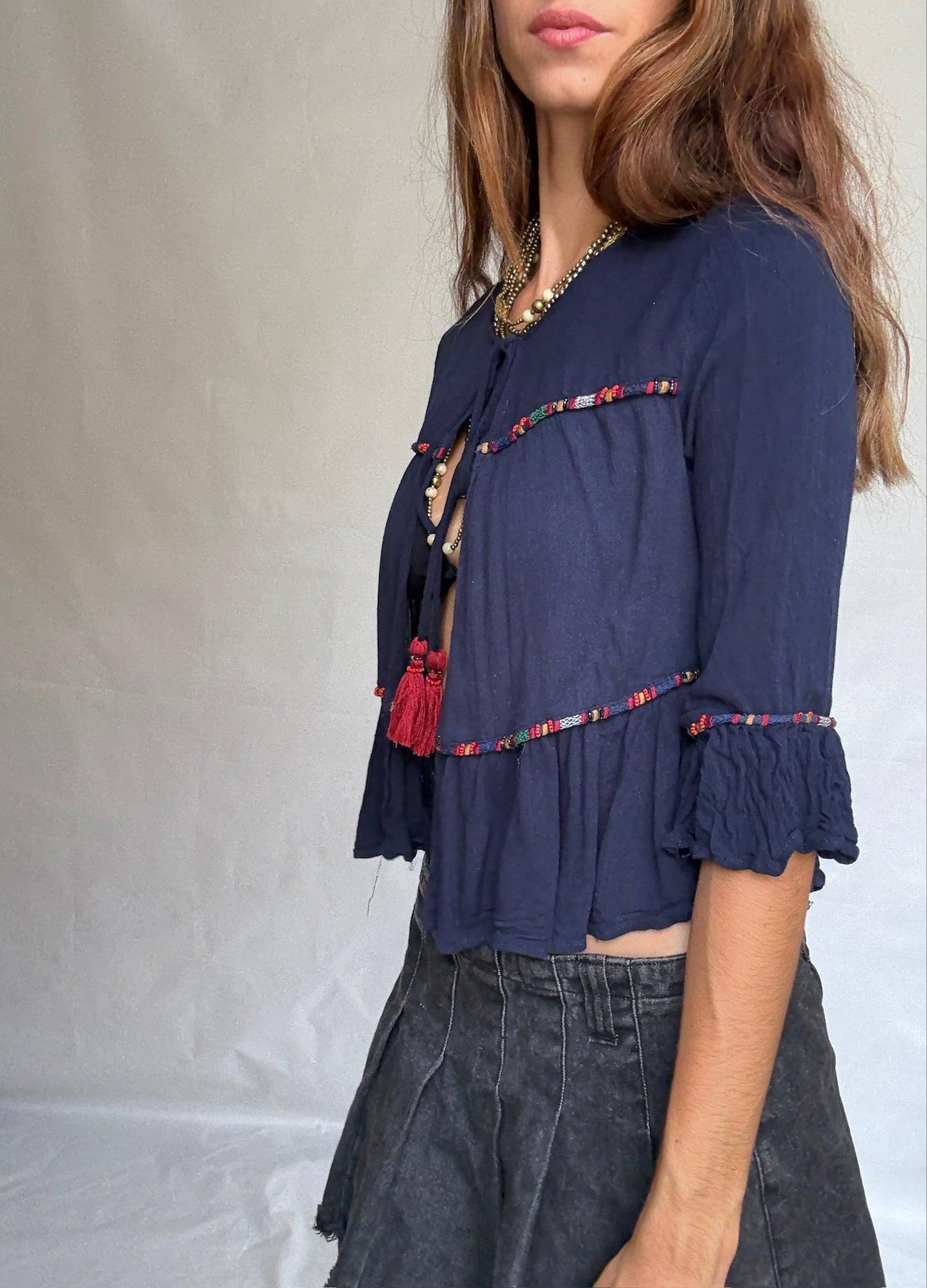Navy Cotton Blouse with Tassel Ties — additional view 6