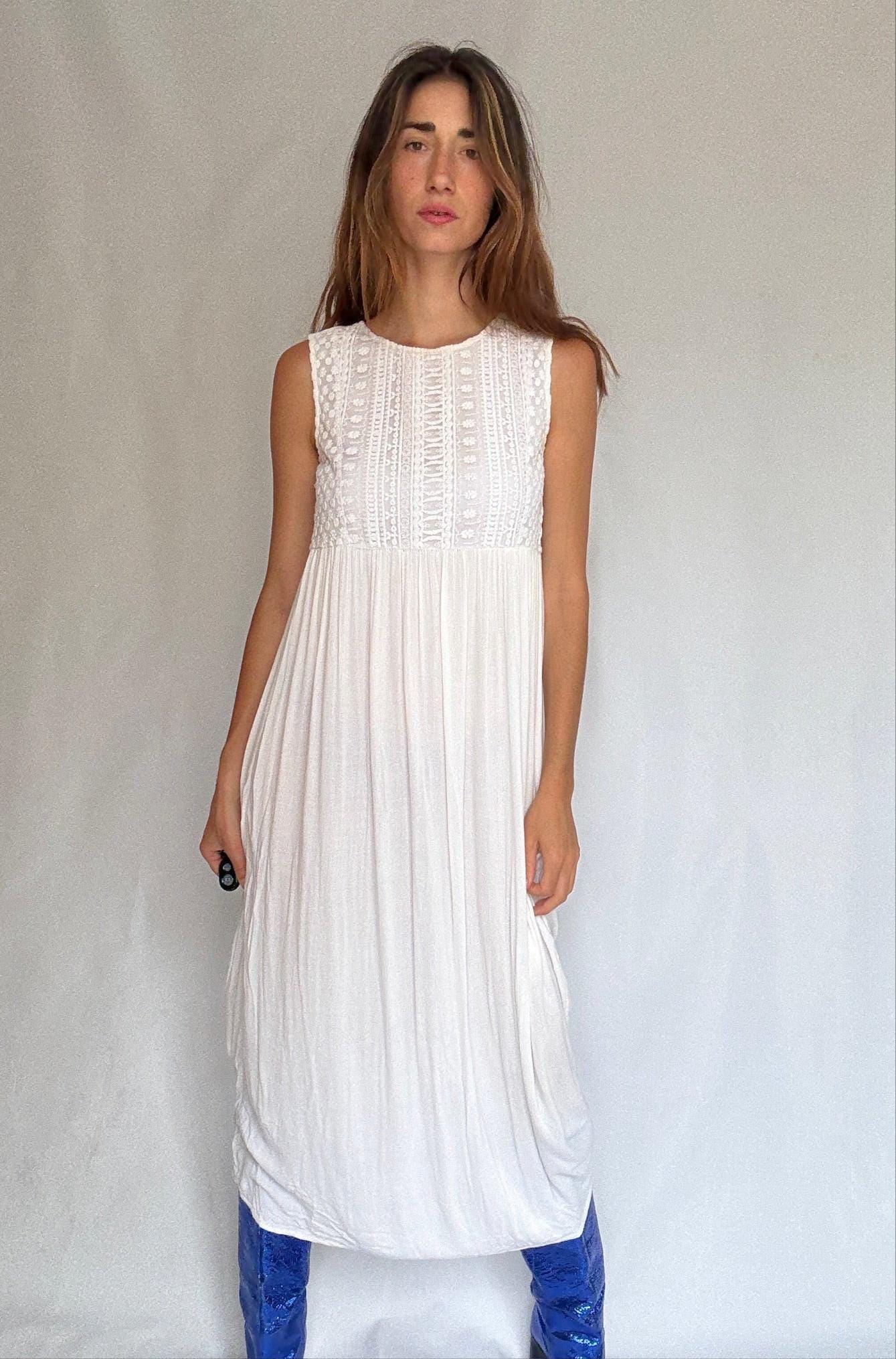 Vintage Ivory Cotton Maxi Dress — fabric close-up