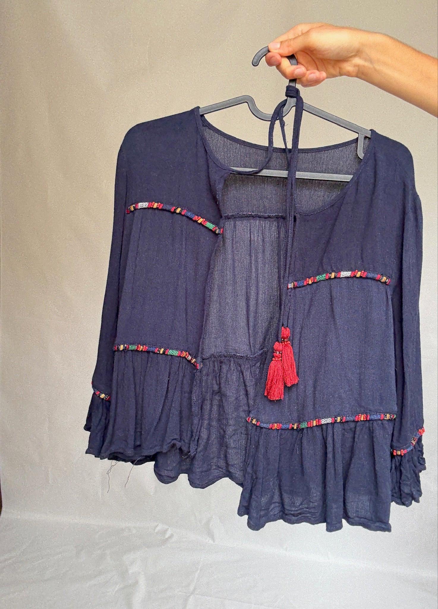 Navy Cotton Blouse with Tassel Ties — additional view 8