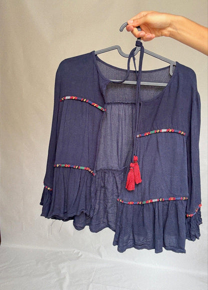 Navy Cotton Blouse with Tassel Ties — additional view 8