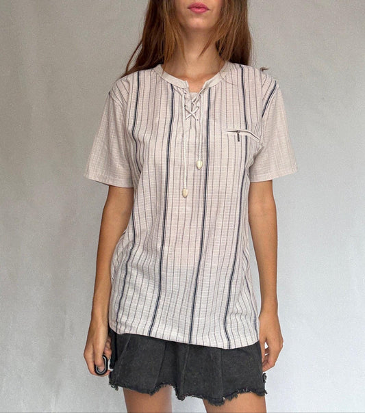 Zeepmayer striped cotton blend shirt with front pocket & lace-up neck US letter size L Natural-toned short sleeve summer top