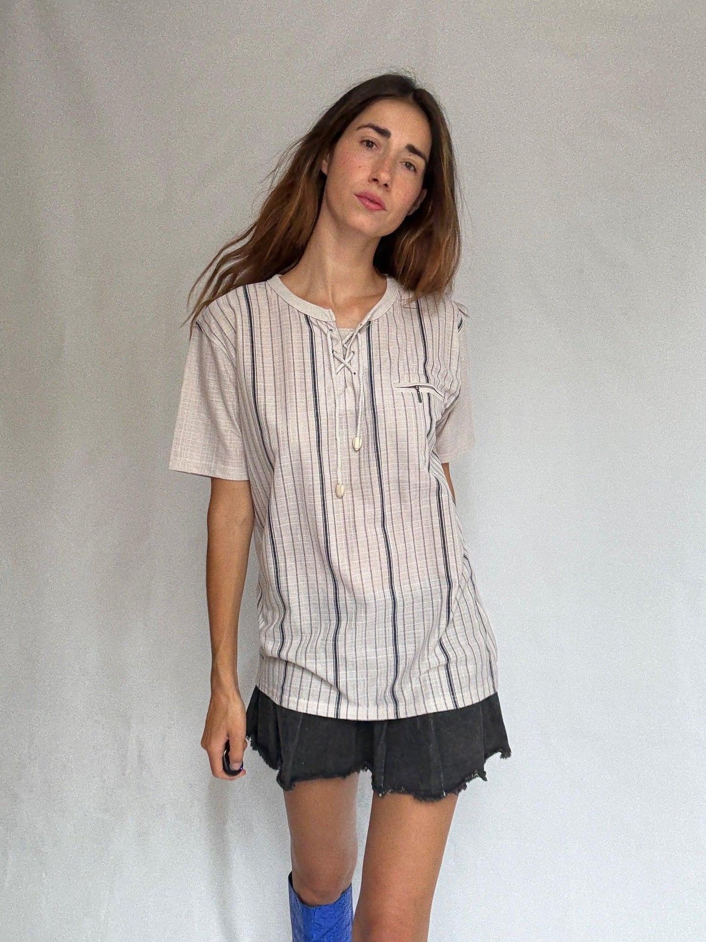 Natural-Toned Striped Cotton Shirt — fabric close-up