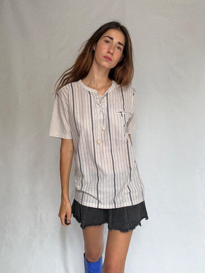 Natural-Toned Striped Cotton Shirt — fabric close-up