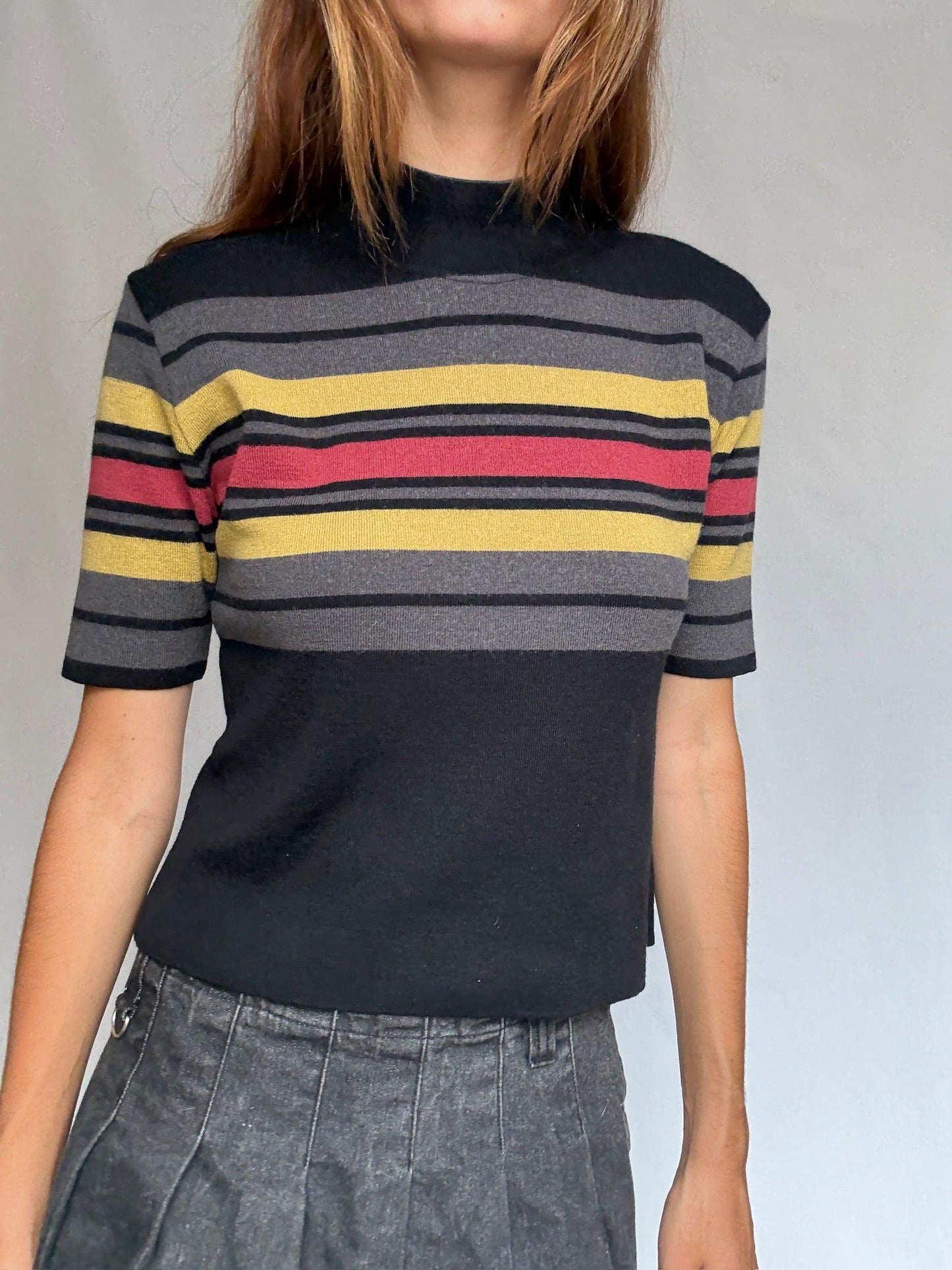 Merino Blend Striped Knit Tee, Retro Funnel Neck Top, Mustard Yellow Red Grey