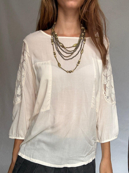 Chic Ivory ICHI Blouse with Sheer Details — fabric close-up