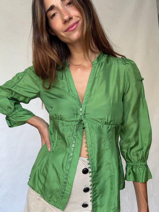 Fairycore Green Silk Blouse