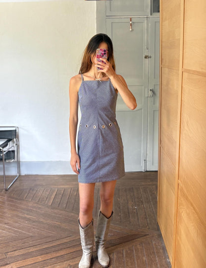 Navy Pinstripe Y2K Mini Dress with Grommet Detail by Lili Sidonio