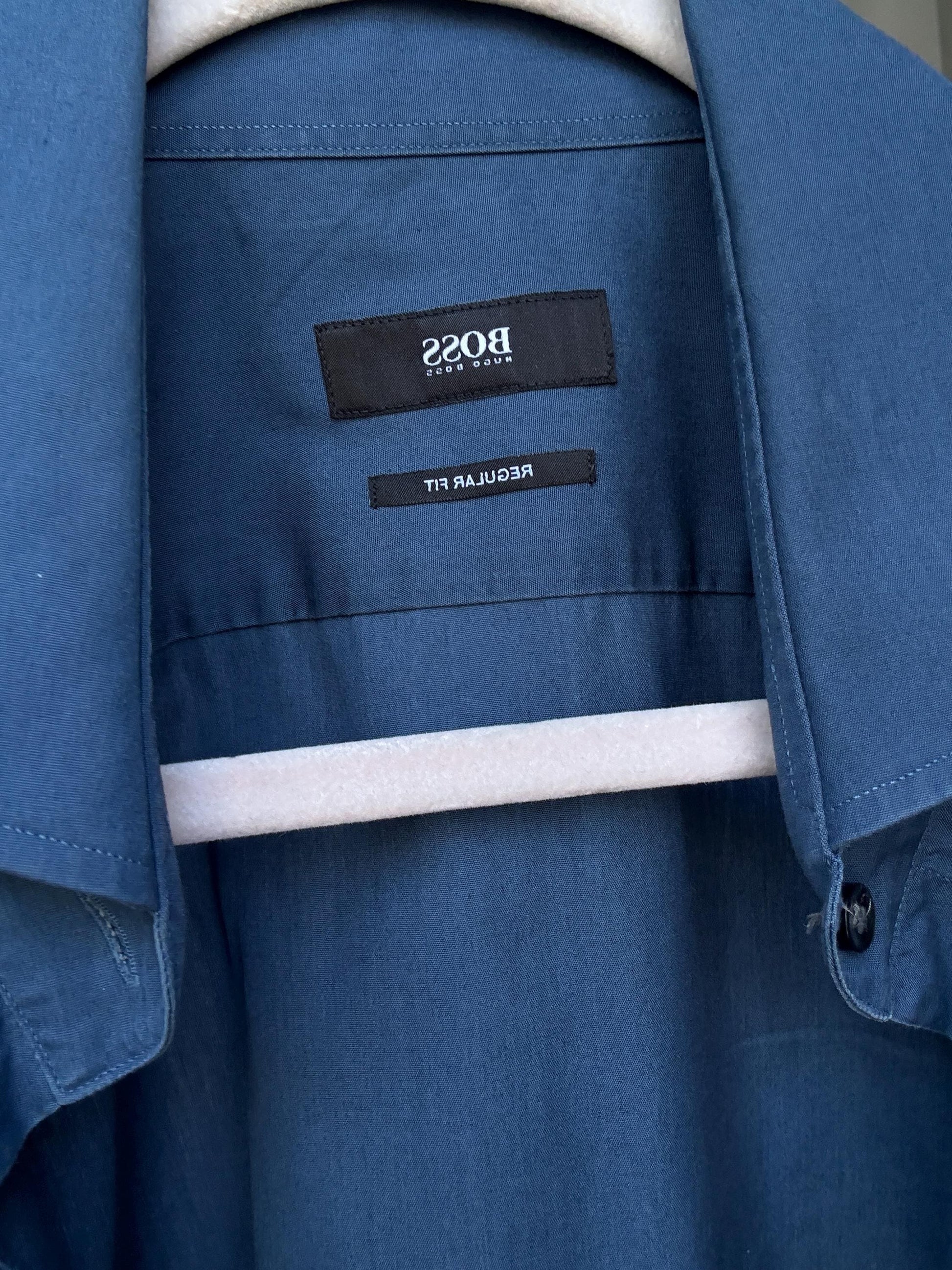 Hugo Boss navy button-up shirt in crisp cotton, unisex boyish fit, structured menswear style, fits like US M men / XL women