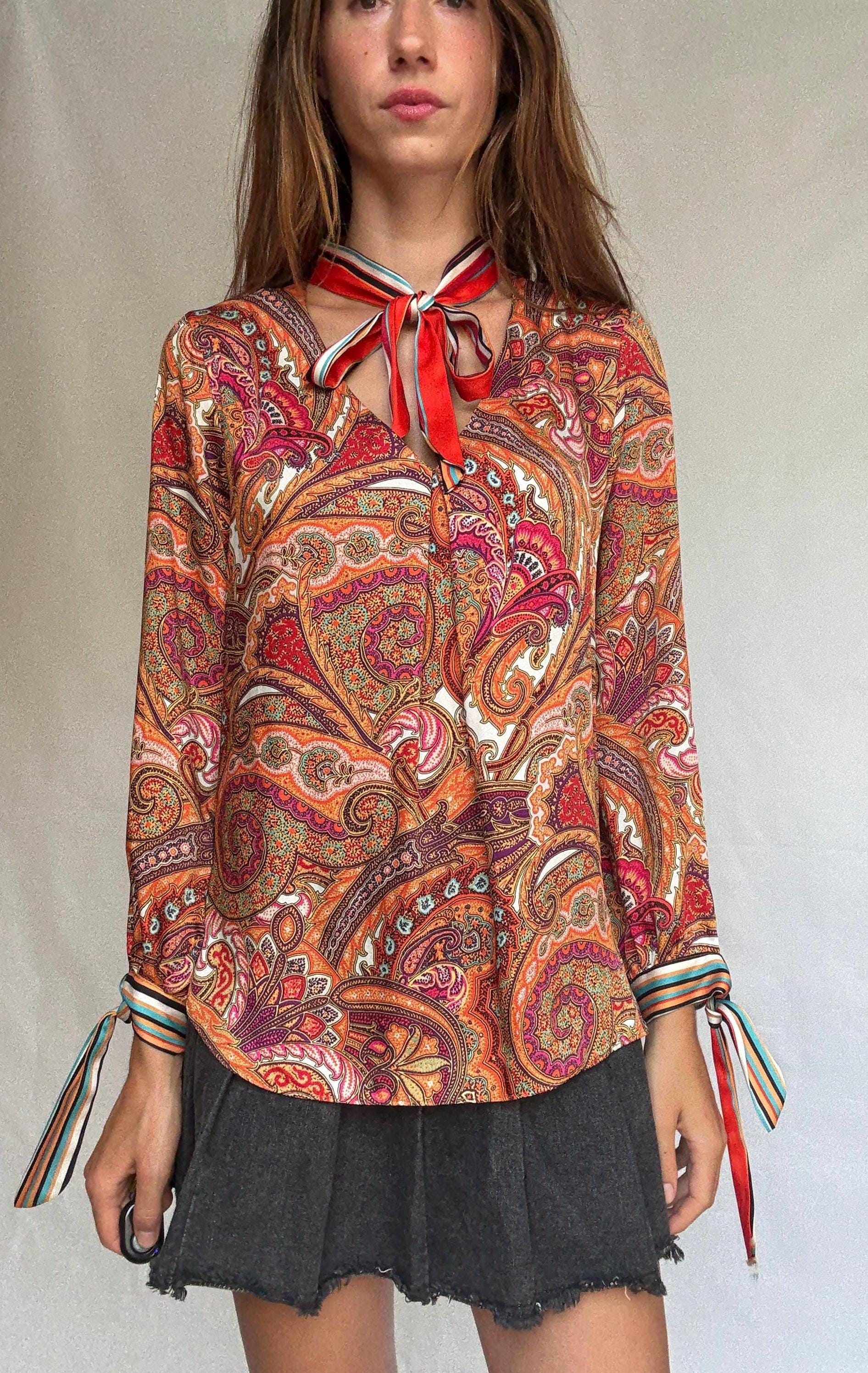 Paisley bow blouse by Ema Blue&#39;s – vintage-inspired long sleeve shirt with neck and wrist ties – size 2 retro print top