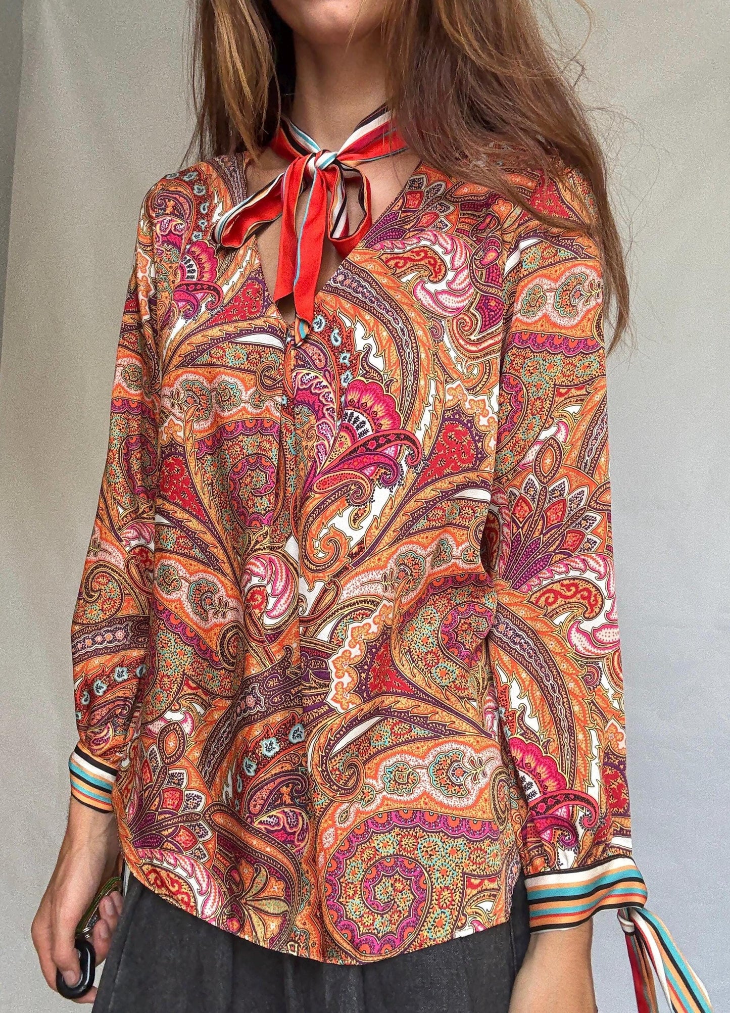 Paisley bow blouse by Ema Blue&#39;s – vintage-inspired long sleeve shirt with neck and wrist ties – size 2 retro print top