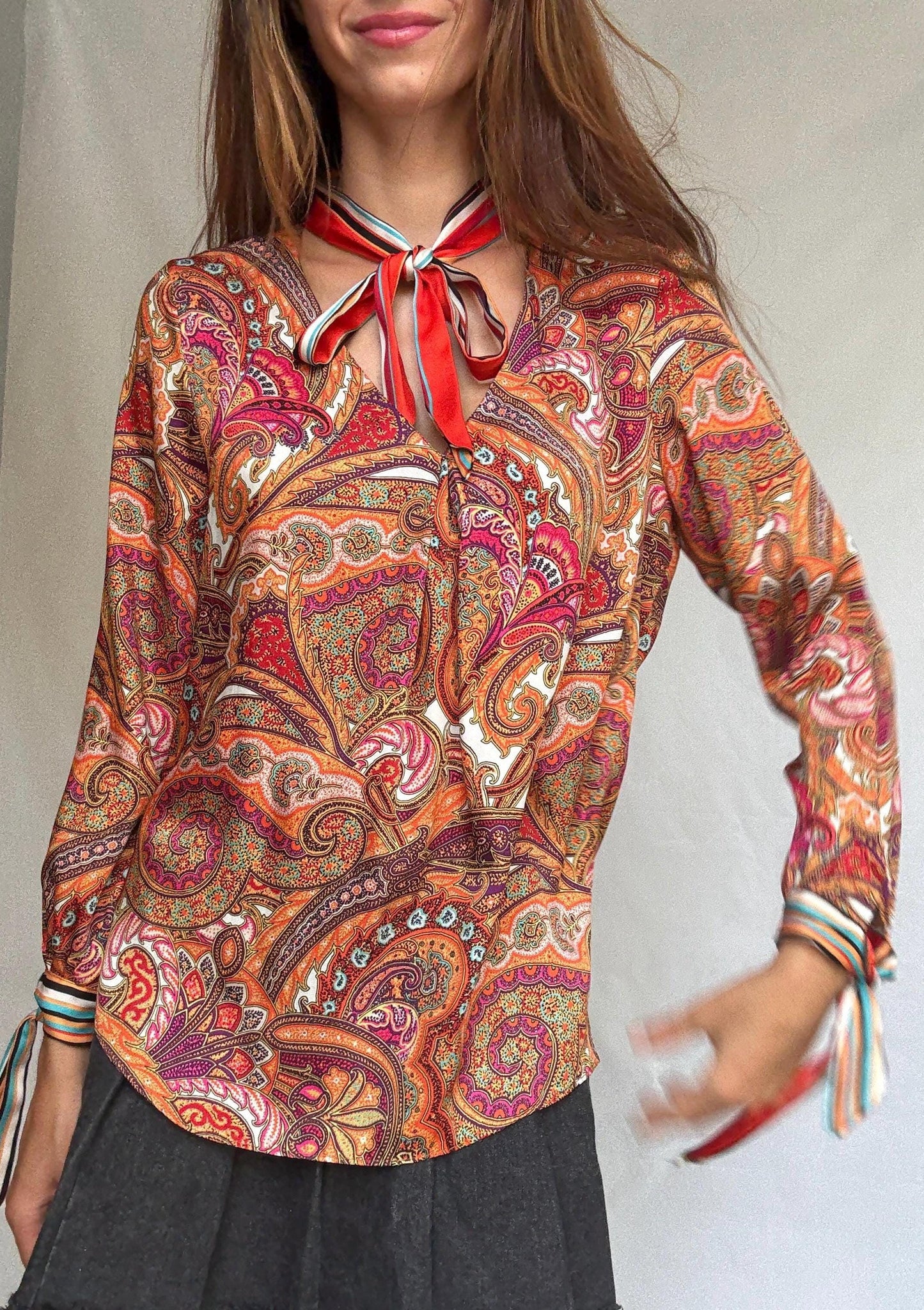 Paisley bow blouse by Ema Blue&#39;s – vintage-inspired long sleeve shirt with neck and wrist ties – size 2 retro print top