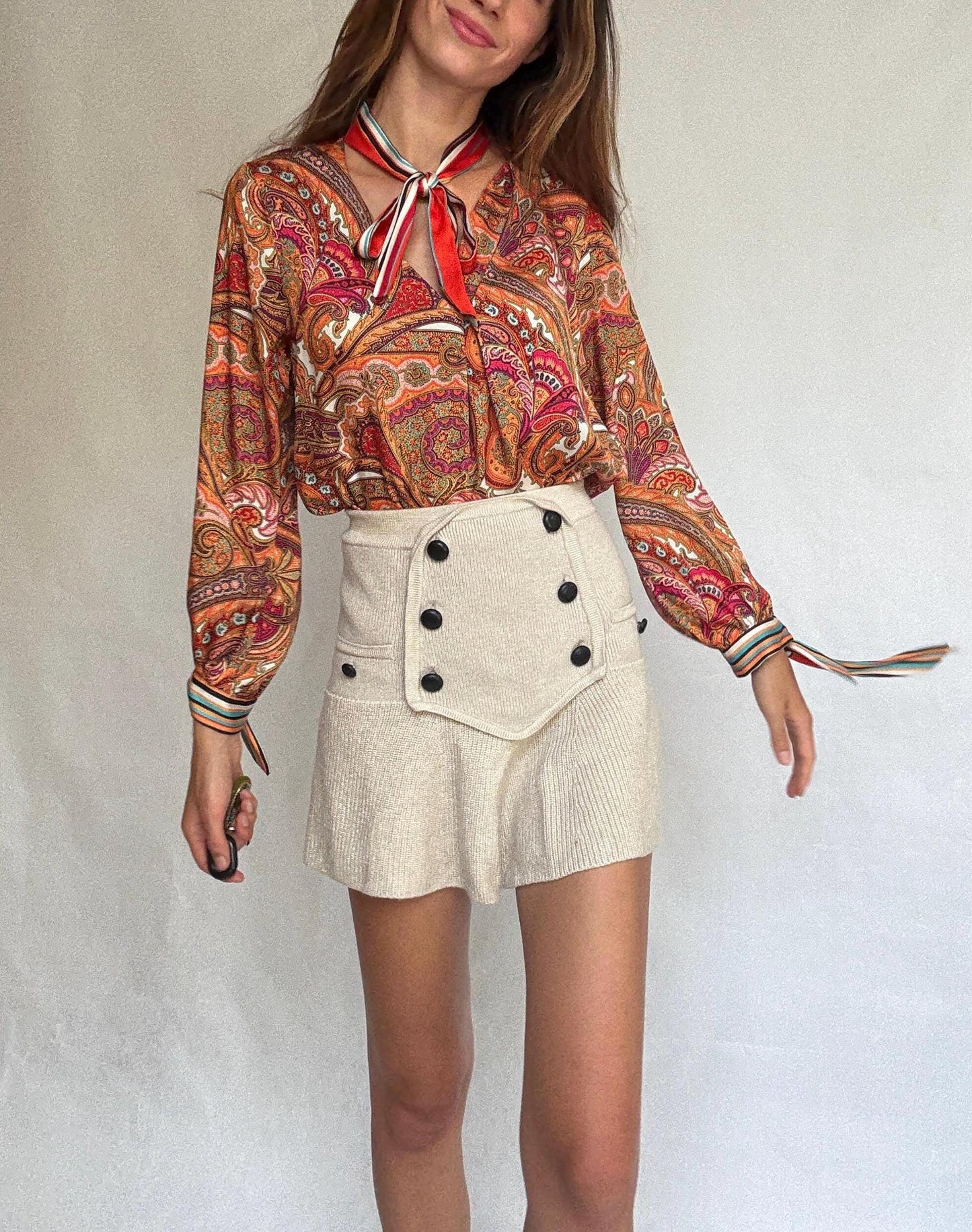 Paisley bow blouse by Ema Blue&#39;s – vintage-inspired long sleeve shirt with neck and wrist ties – size 2 retro print top