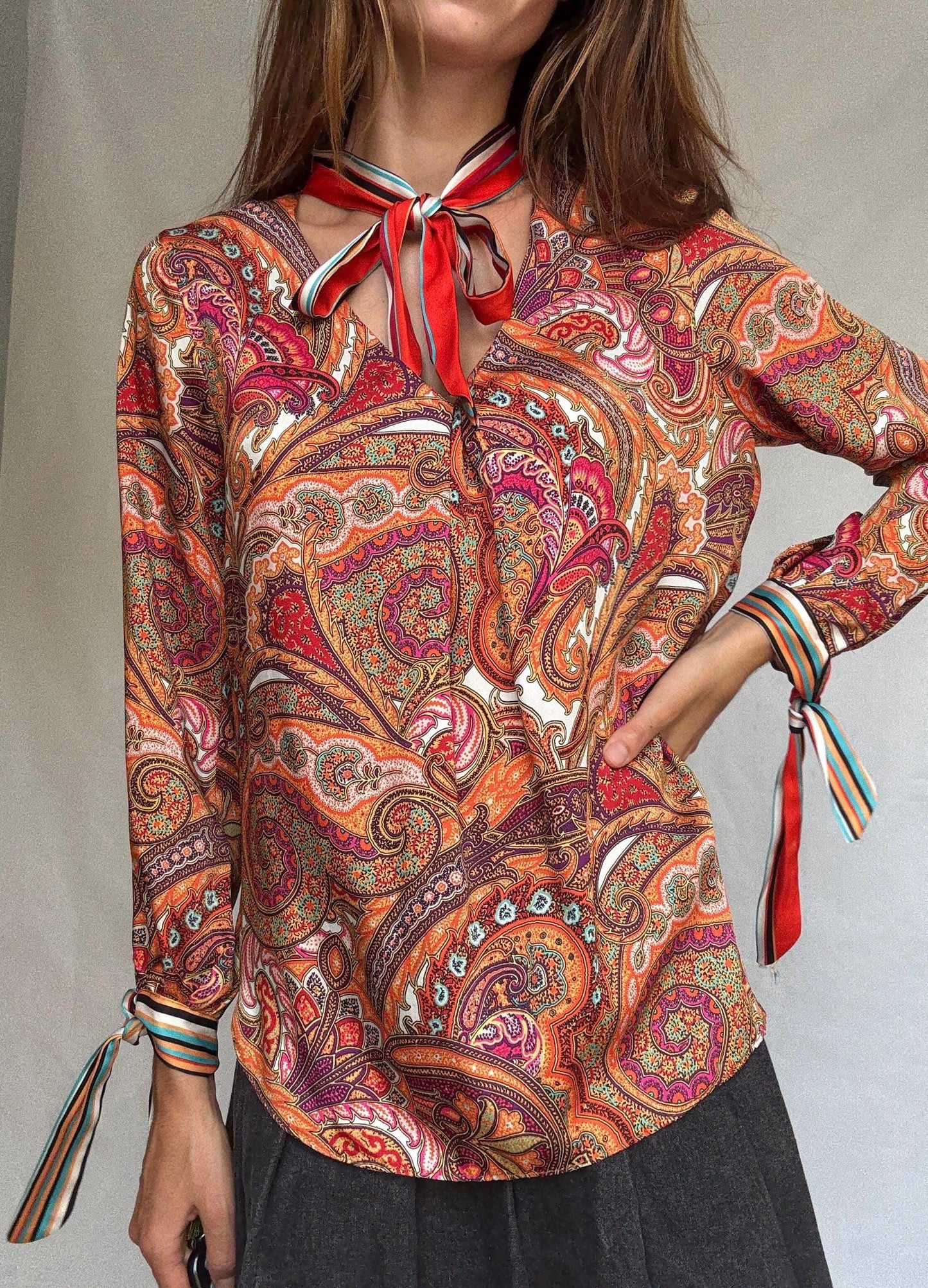Paisley bow blouse by Ema Blue&#39;s – vintage-inspired long sleeve shirt with neck and wrist ties – size 2 retro print top