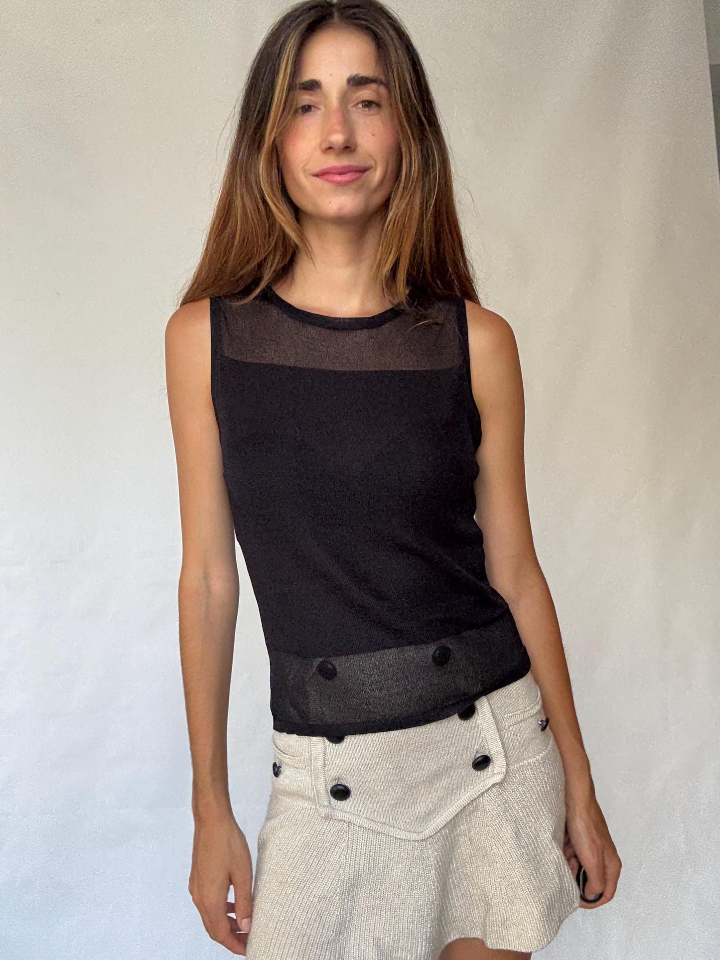 Sheer Panel Black Mesh Tank Top | Vintage Y2K Sleeveless Shirt, Size S