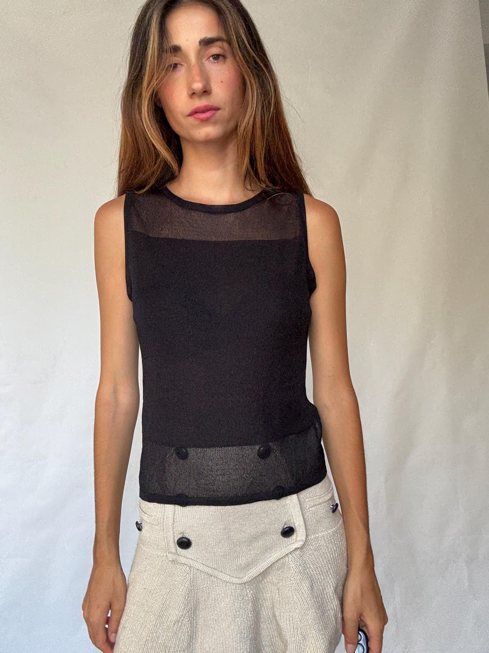 Sheer Panel Black Mesh Tank Top | Vintage Y2K Sleeveless Shirt, Size S