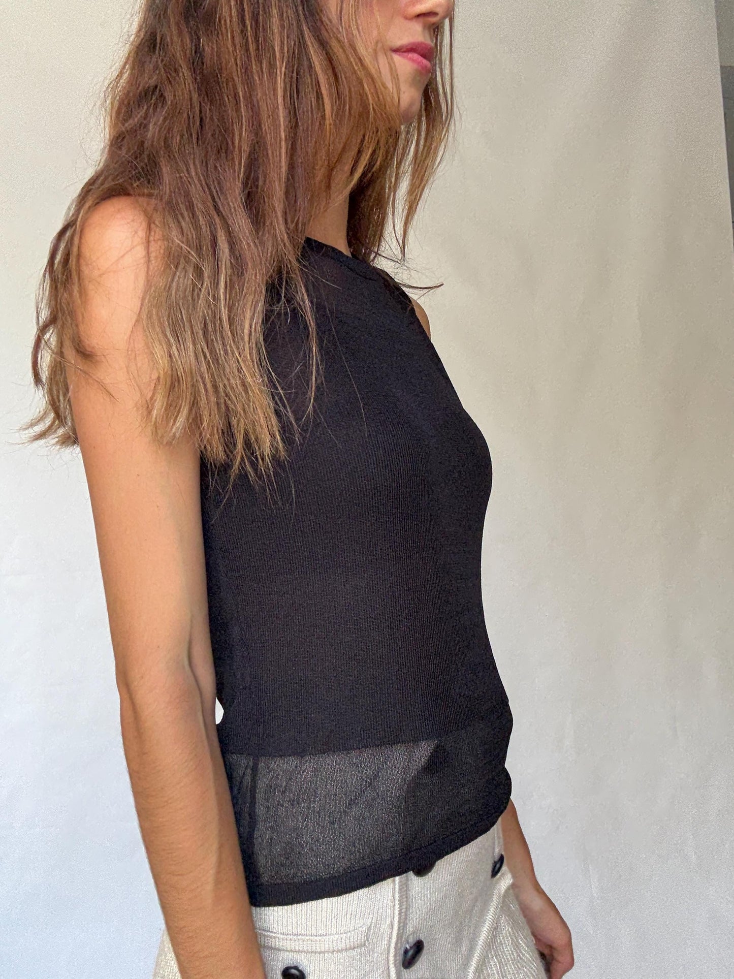 Sheer Panel Black Mesh Tank Top | Vintage Y2K Sleeveless Shirt, Size S