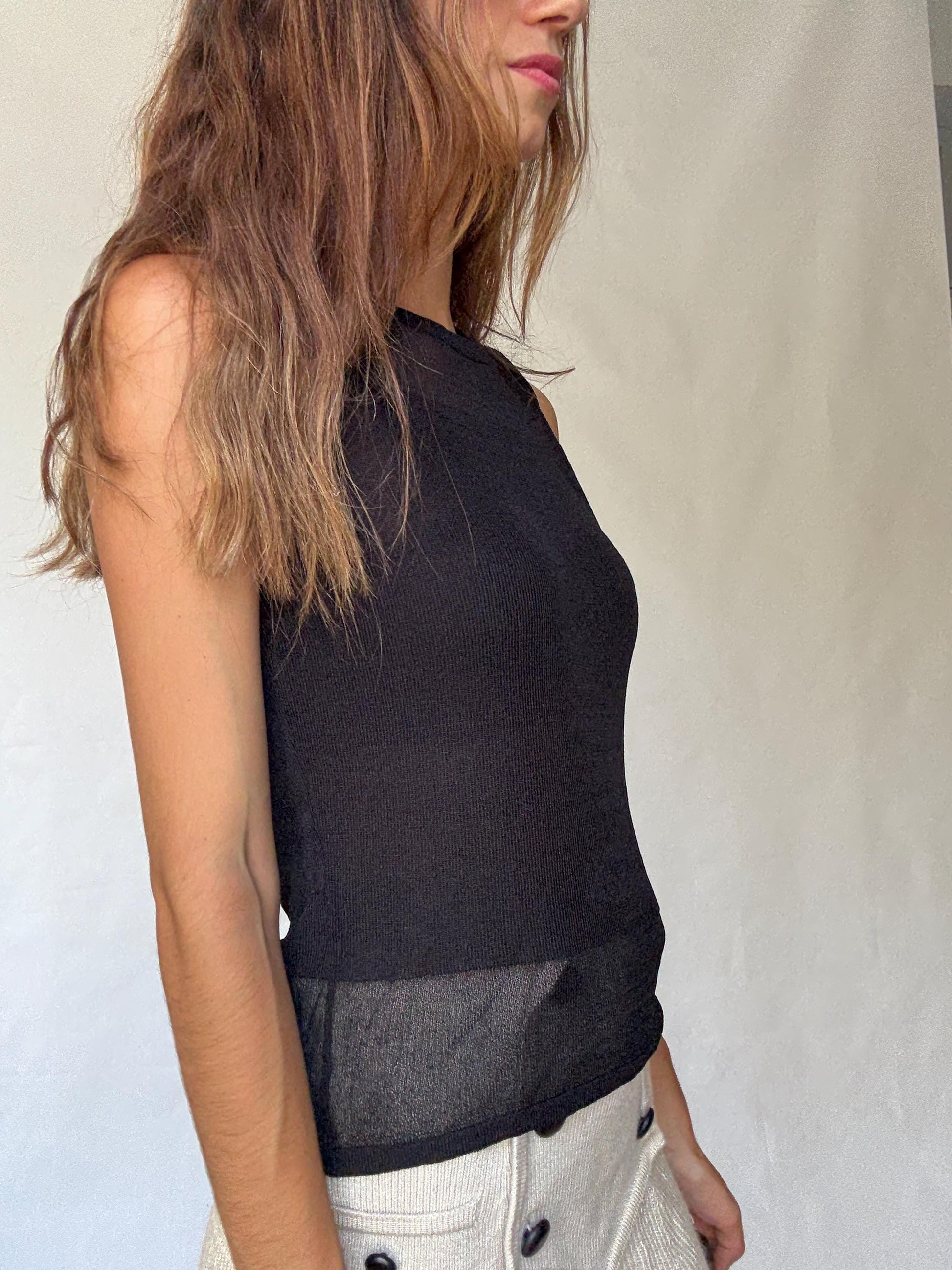 Sheer Panel Black Mesh Tank Top | Vintage Y2K Sleeveless Shirt, Size S