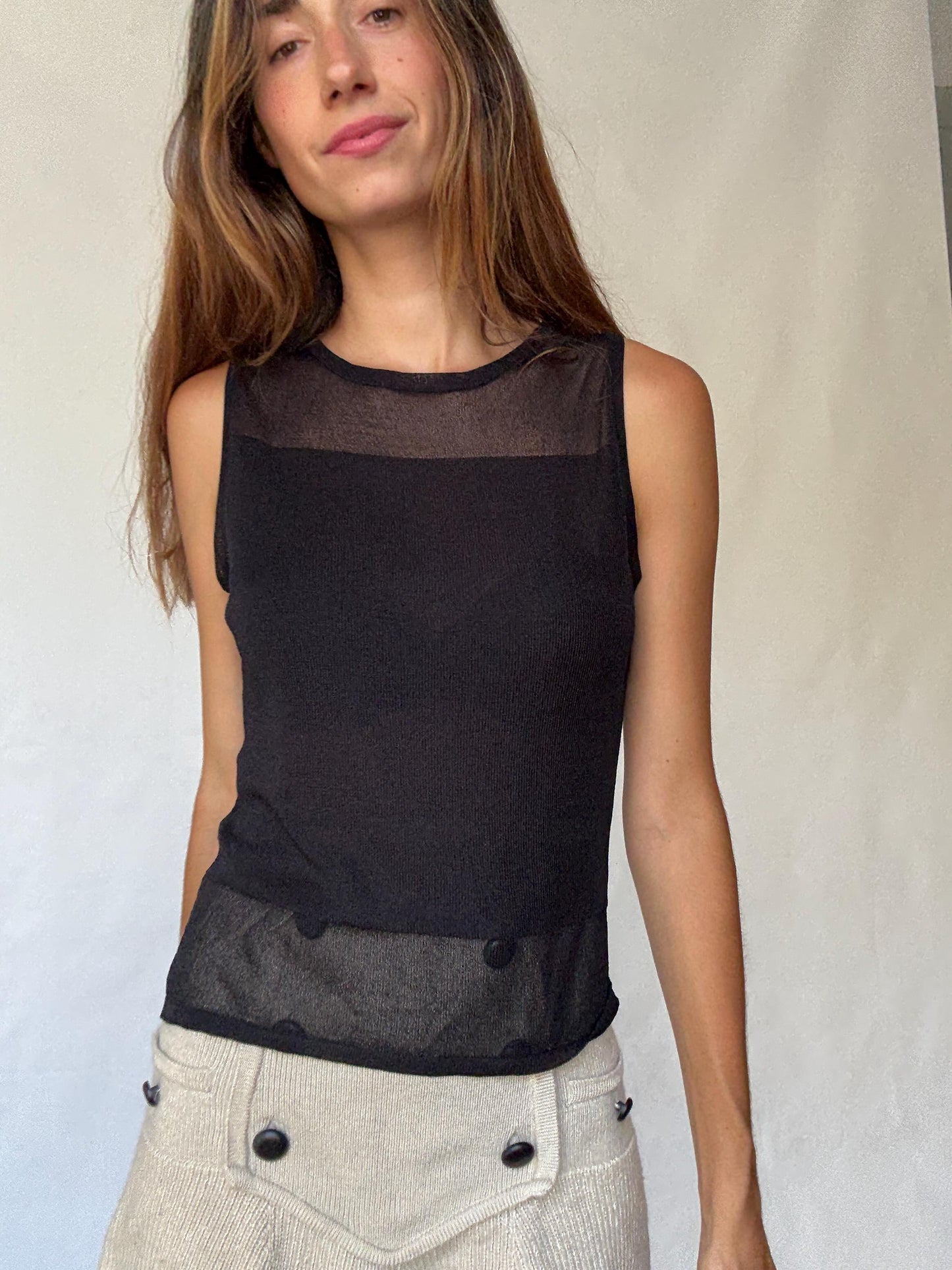 Sheer Panel Black Mesh Tank Top | Vintage Y2K Sleeveless Shirt, Size S