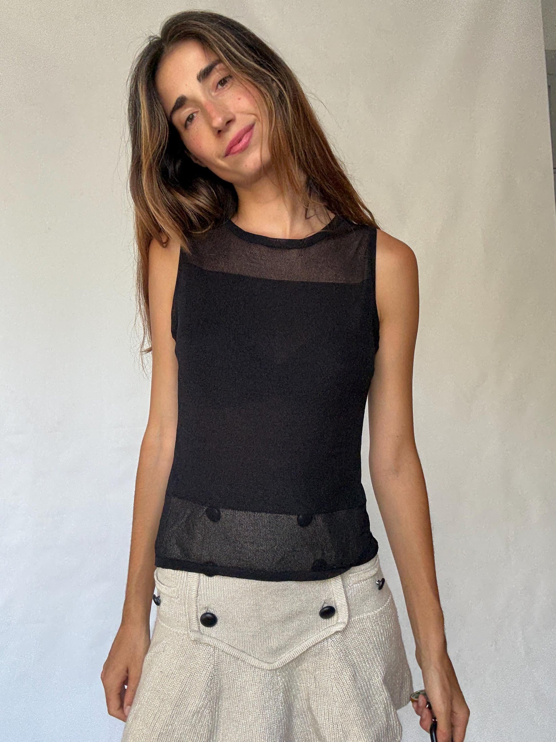 Sheer Panel Black Mesh Tank Top | Vintage Y2K Sleeveless Shirt, Size S