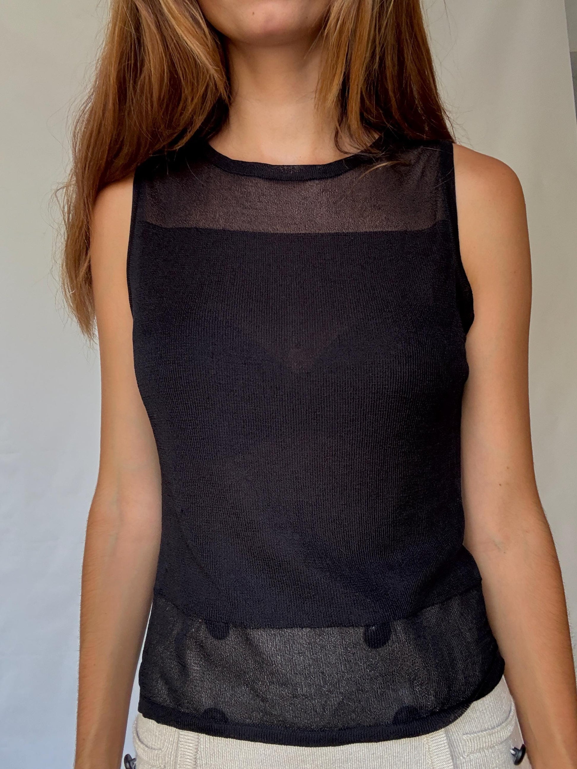 Sheer Panel Black Mesh Tank Top | Vintage Y2K Sleeveless Shirt, Size S