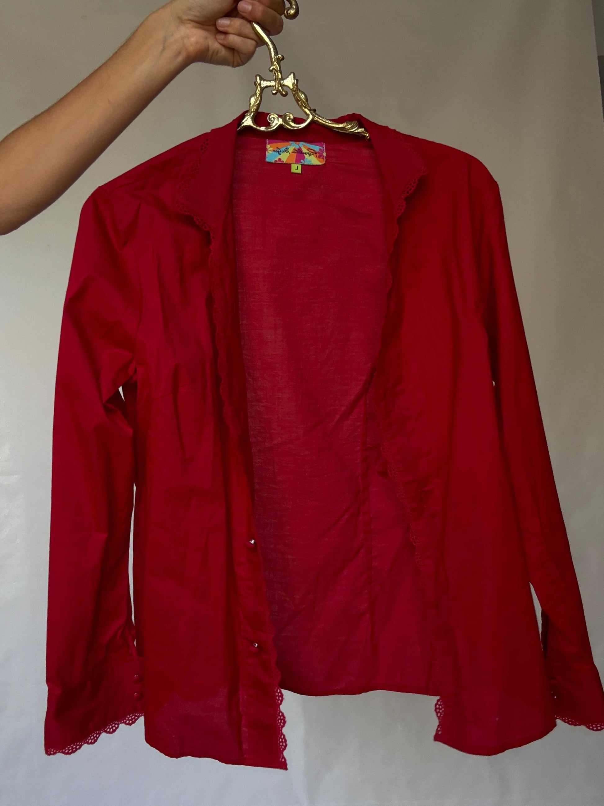 Rosalita McGee Red Blouse with Lace Trim | Spanish Romantic Shirt, Lovecore red valentines day shirt, Size L