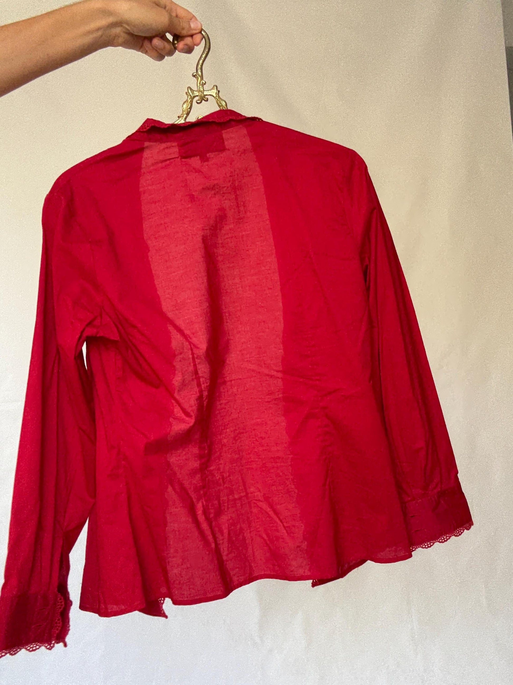Rosalita McGee Red Blouse with Lace Trim | Spanish Romantic Shirt, Lovecore red valentines day shirt, Size L