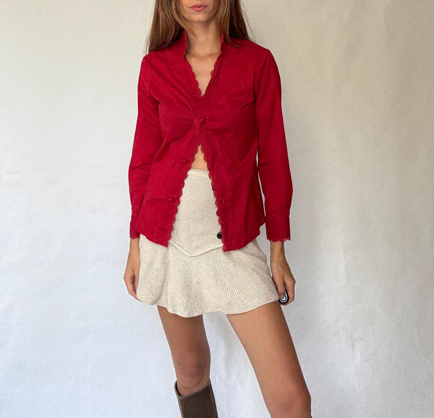 Rosalita McGee Red Blouse with Lace Trim | Spanish Romantic Shirt, Lovecore red valentines day shirt, Size L