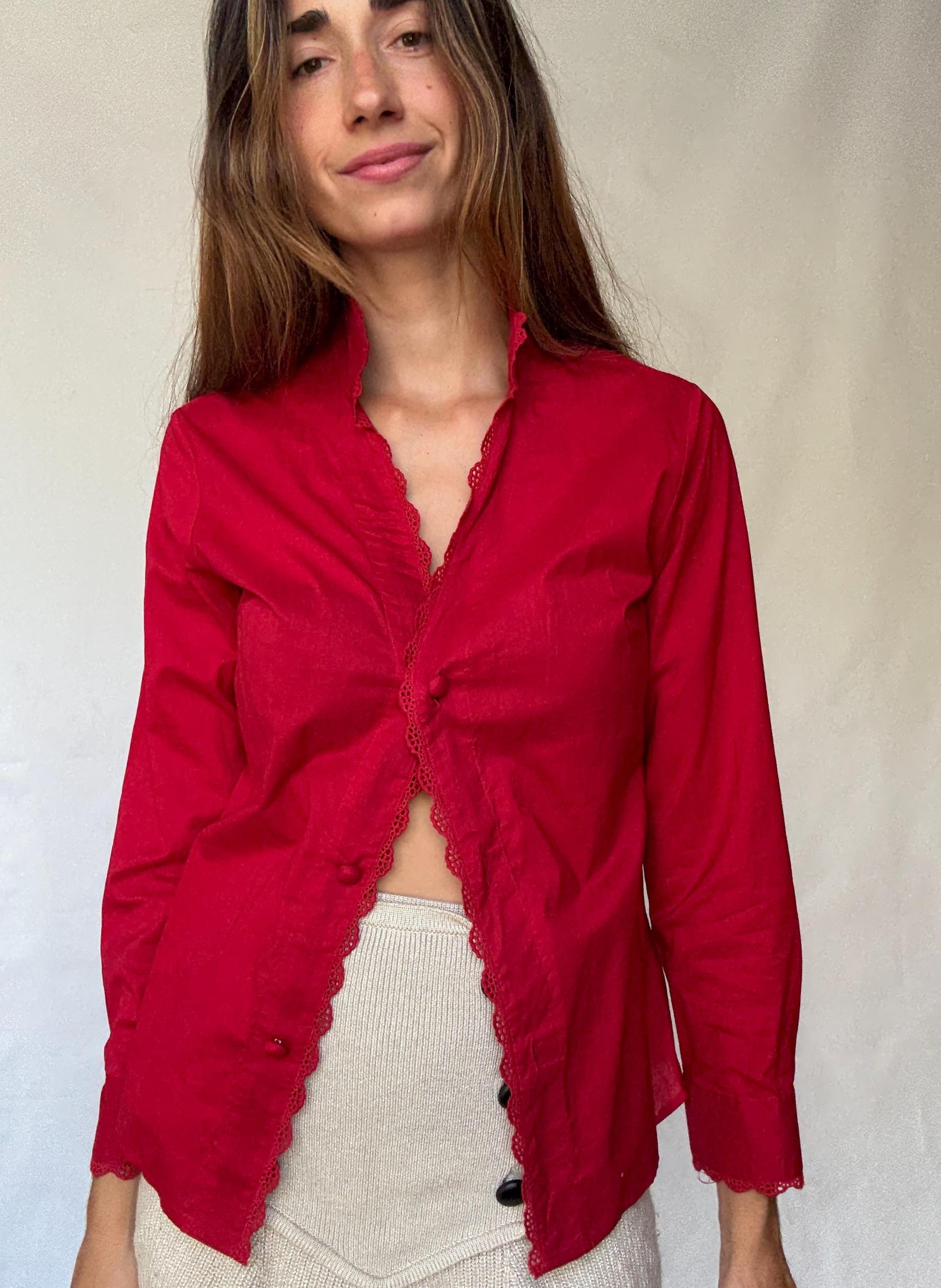 Rosalita McGee Red Blouse with Lace Trim | Spanish Romantic Shirt, Lovecore red valentines day shirt, Size L