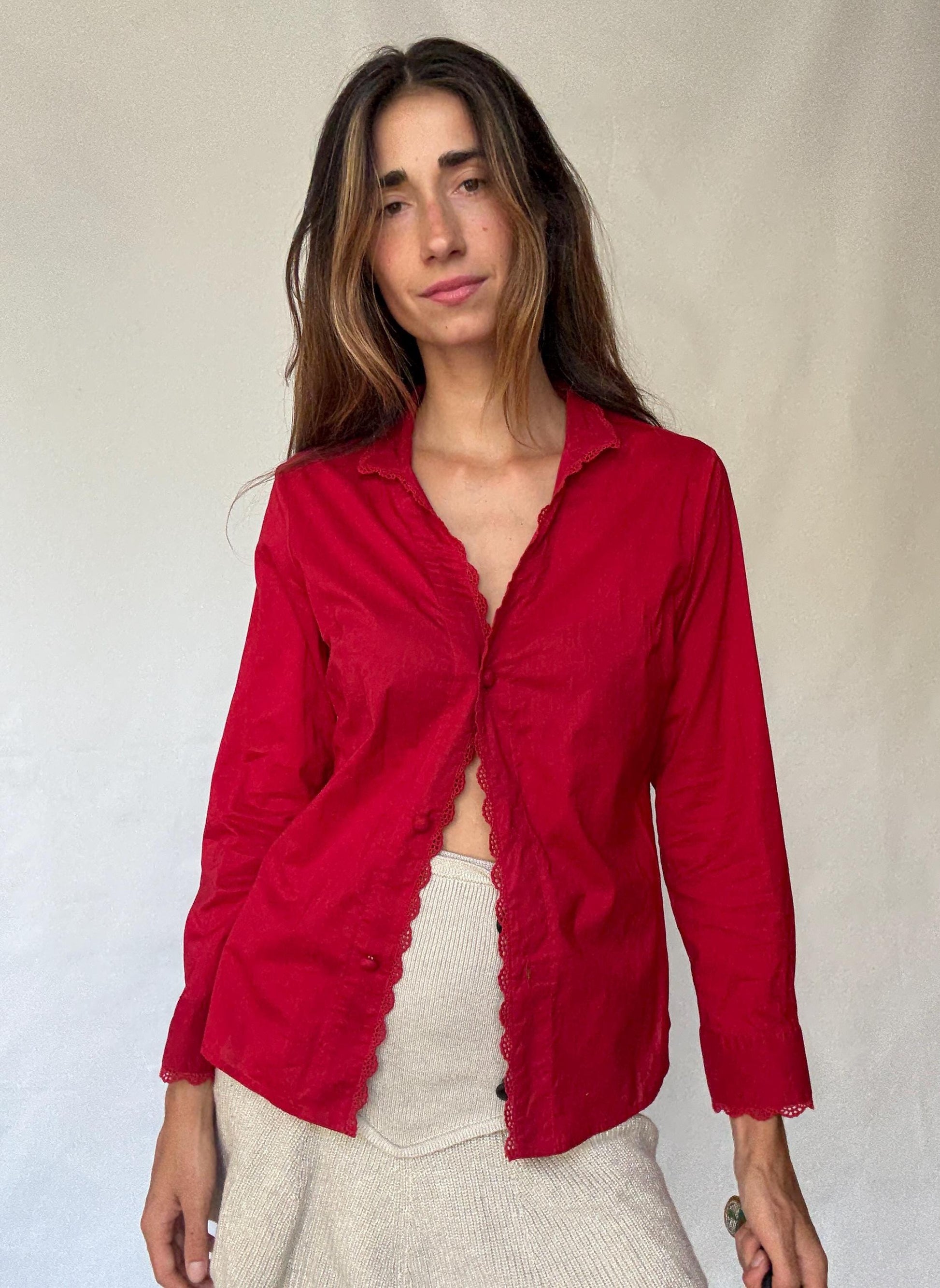 Rosalita McGee Red Blouse with Lace Trim | Spanish Romantic Shirt, Lovecore red valentines day shirt, Size L
