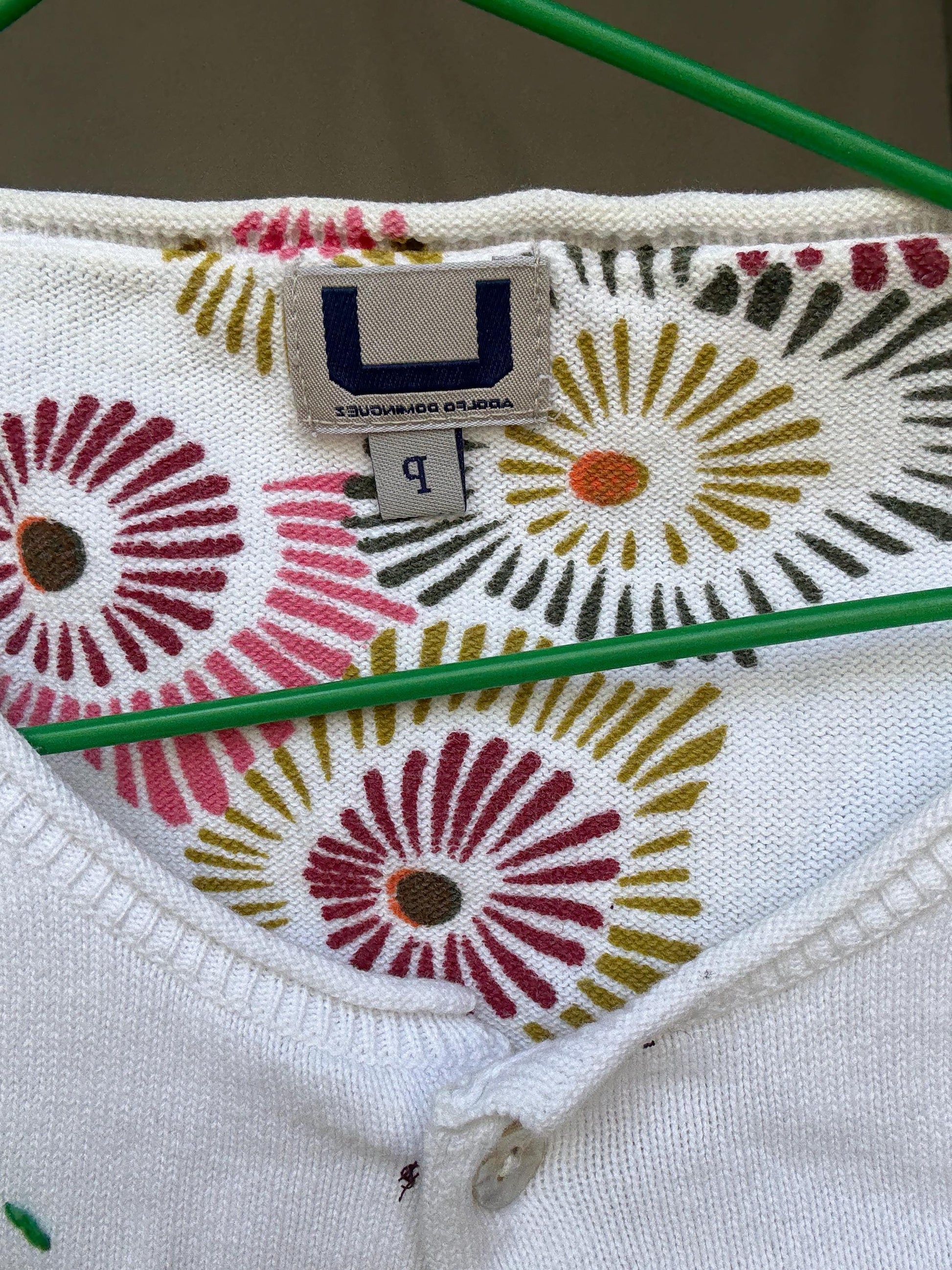 Vintage Adolfo Dominguez cropped floral cotton cardigan with mother of pearl buttons, XS fit, colorful Y2K summer knit aesthetic