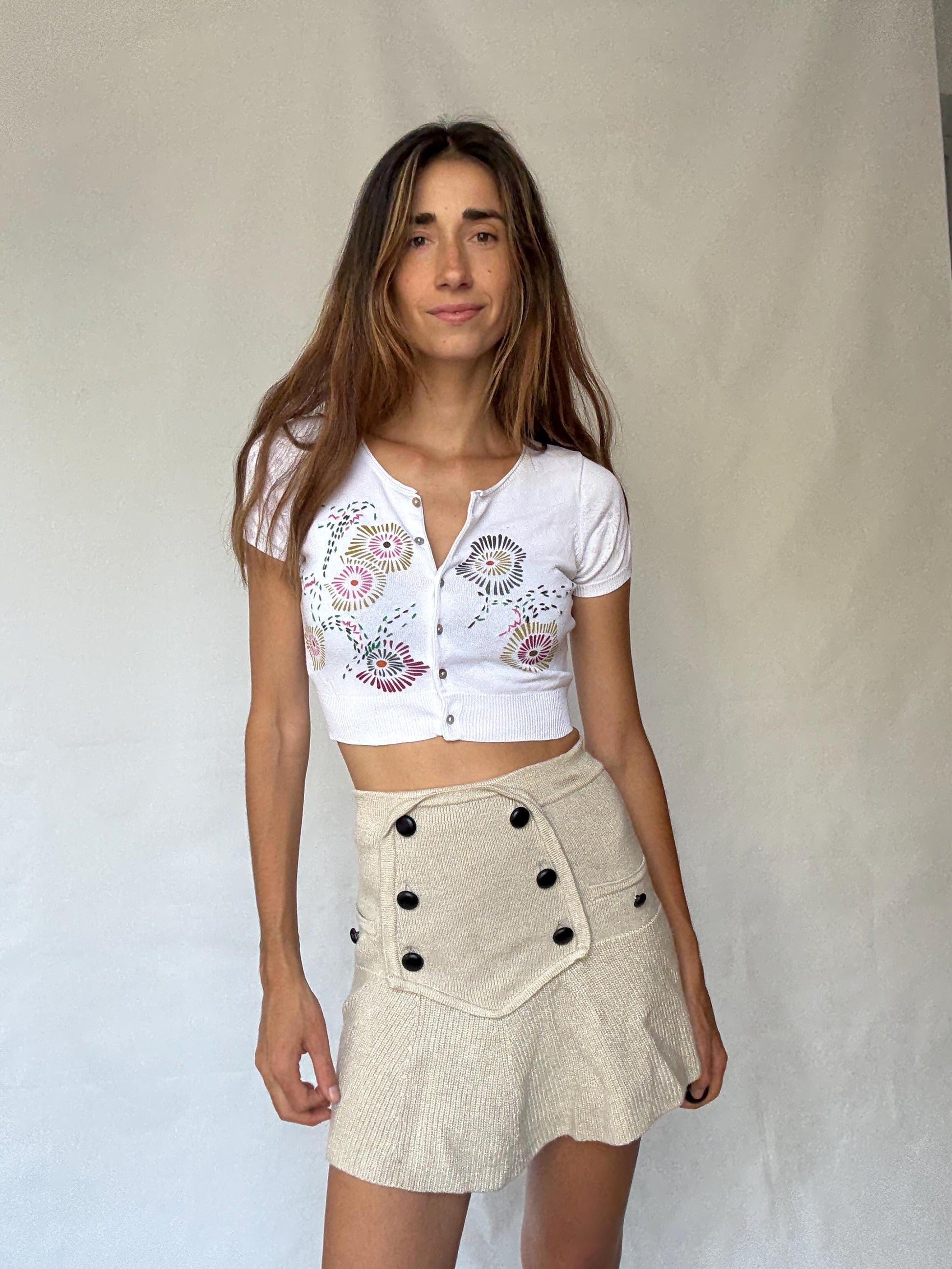 Vintage Adolfo Dominguez cropped floral cotton cardigan with mother of pearl buttons, XS fit, colorful Y2K summer knit aesthetic