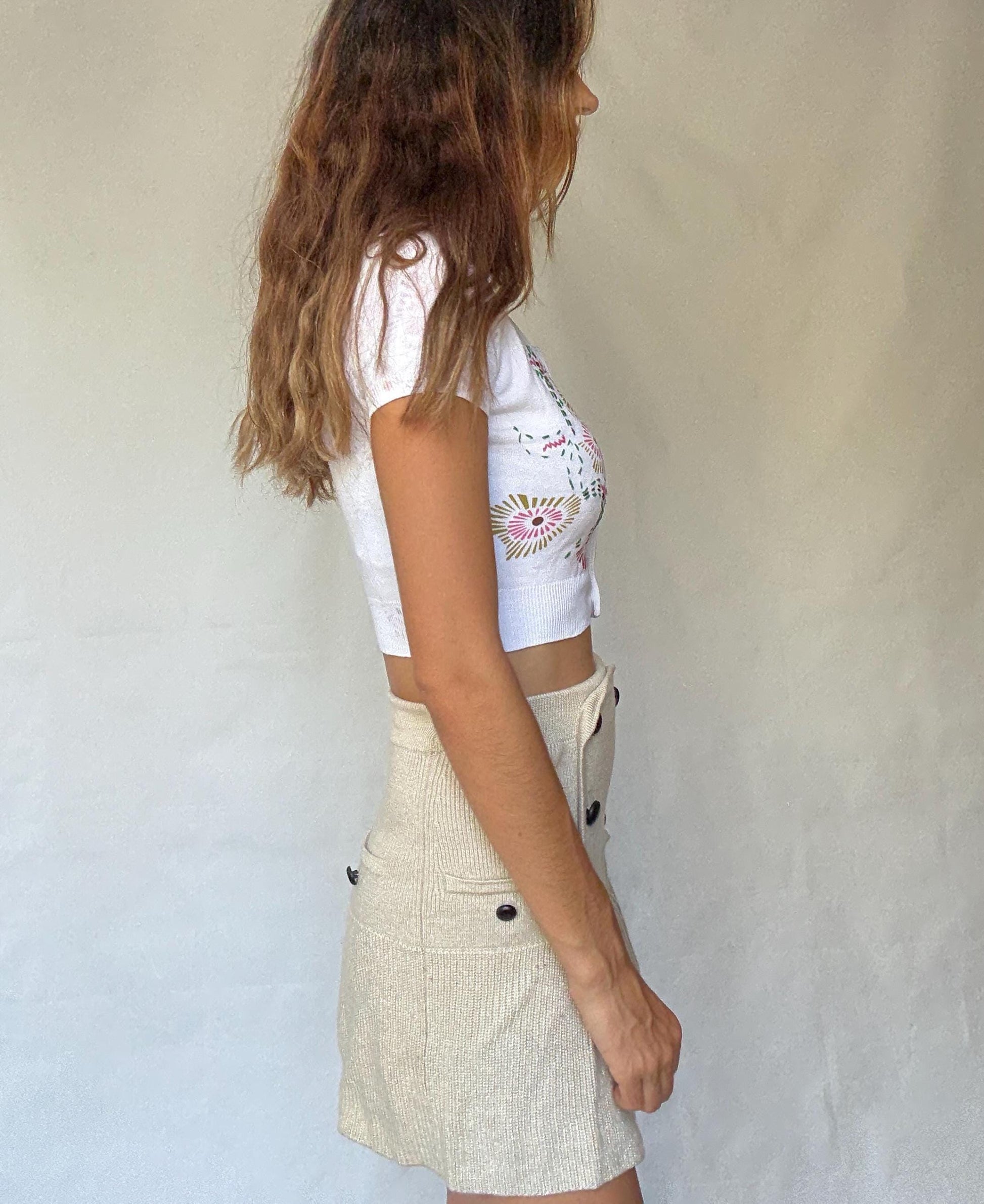 Vintage Adolfo Dominguez cropped floral cotton cardigan with mother of pearl buttons, XS fit, colorful Y2K summer knit aesthetic