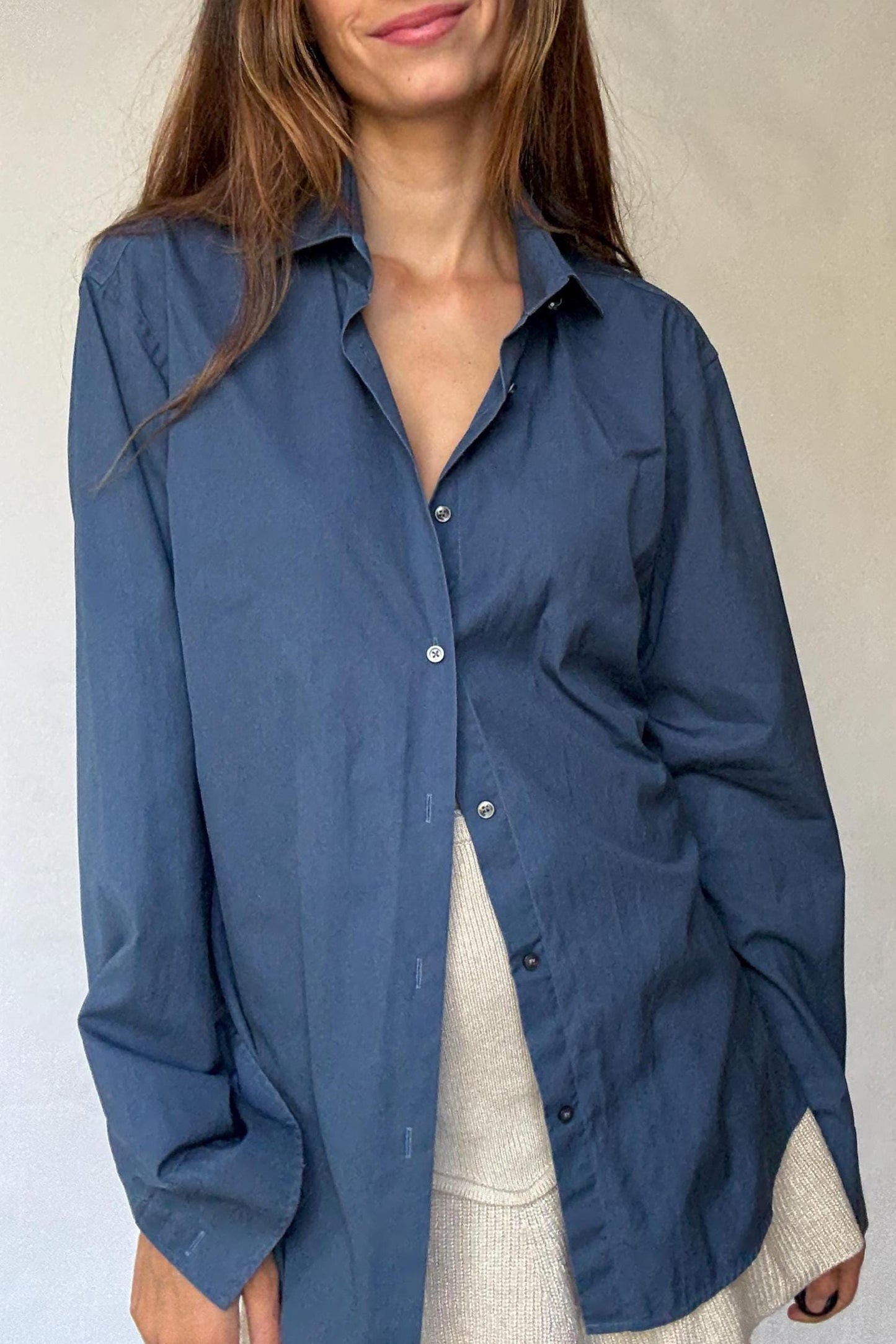 Hugo Boss navy button-up shirt in crisp cotton, unisex boyish fit, structured menswear style, fits like US M men / XL women