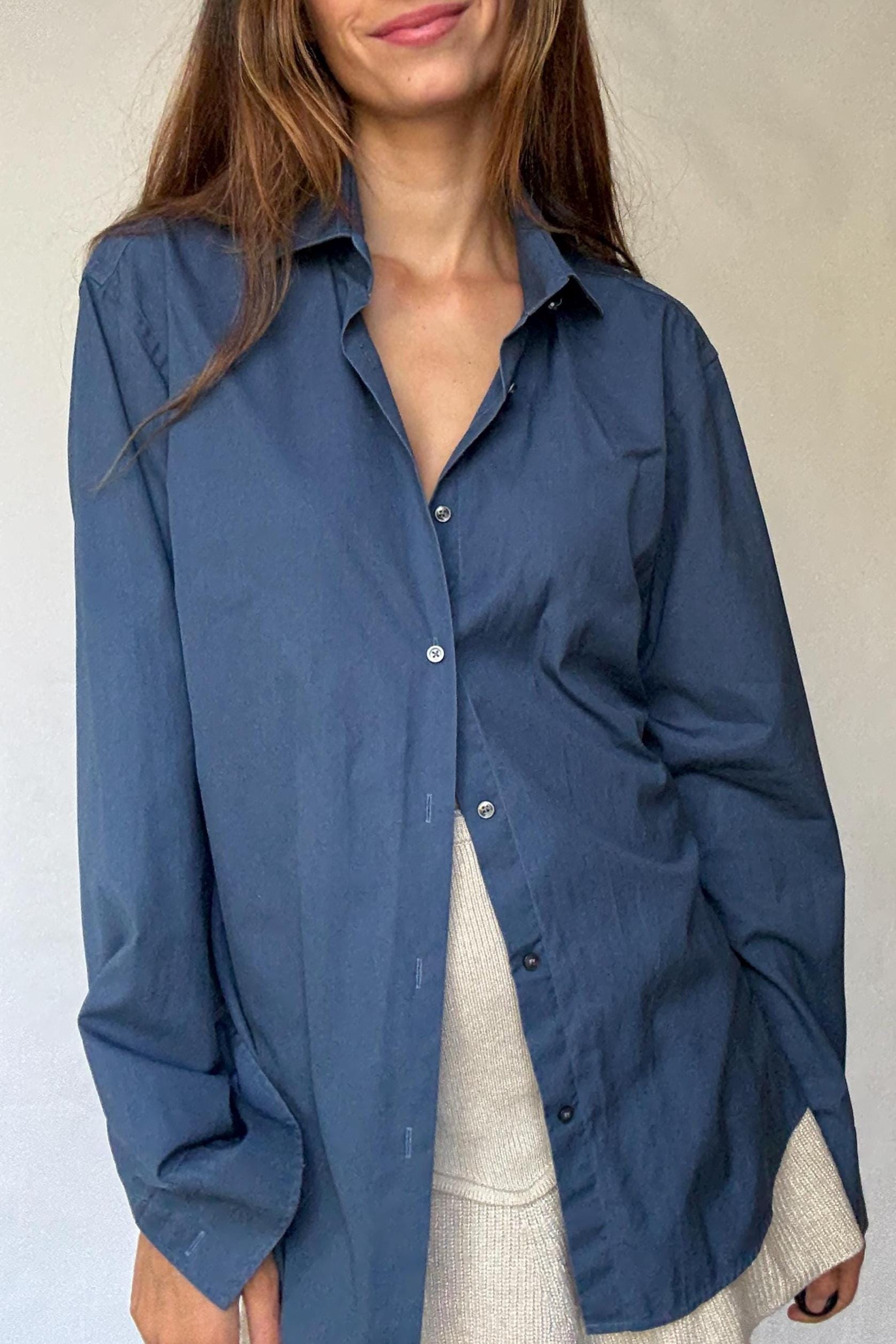 Hugo Boss navy button-up shirt in crisp cotton, unisex boyish fit, structured menswear style, fits like US M men / XL women