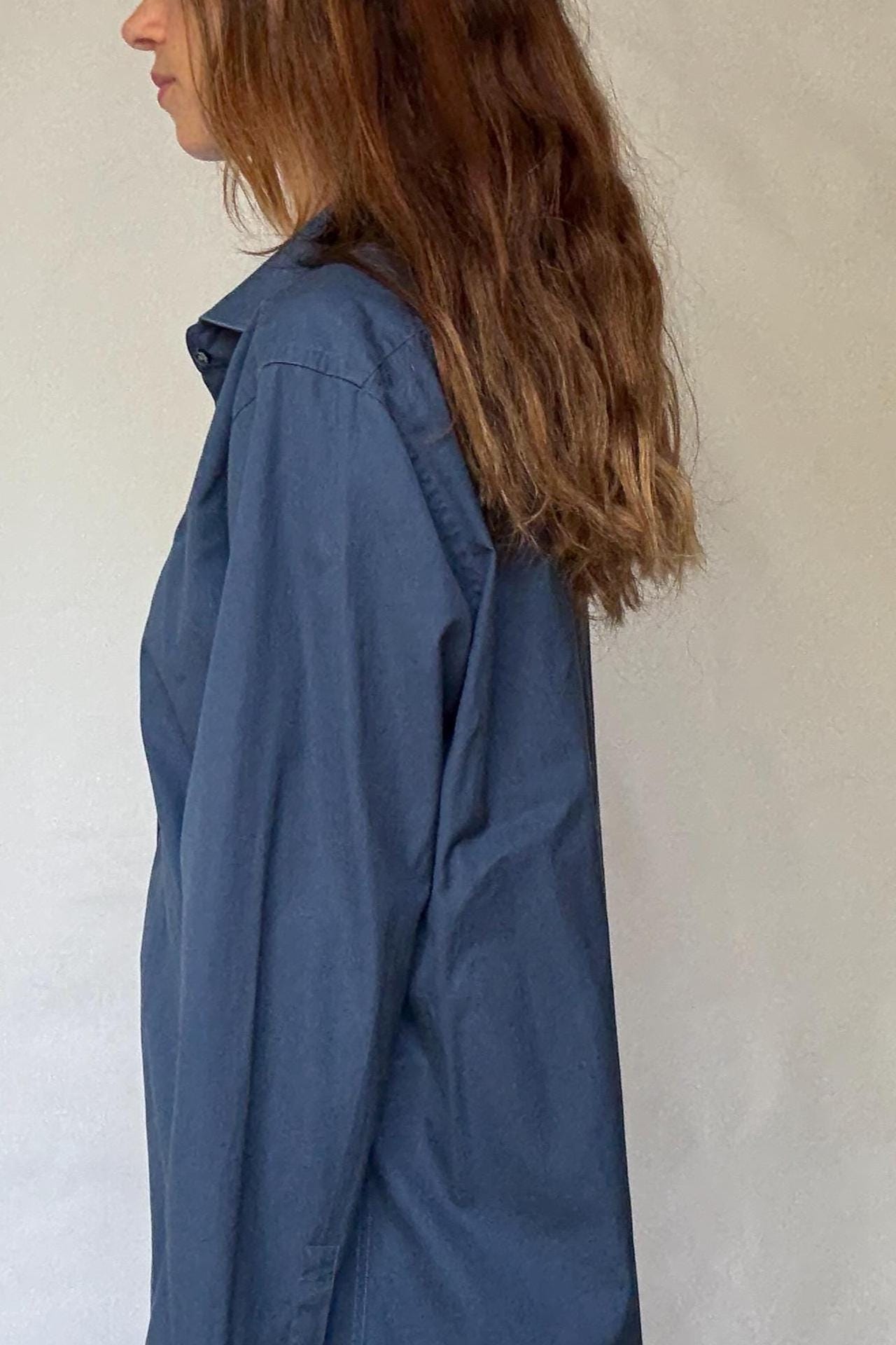 Hugo Boss navy button-up shirt in crisp cotton, unisex boyish fit, structured menswear style, fits like US M men / XL women