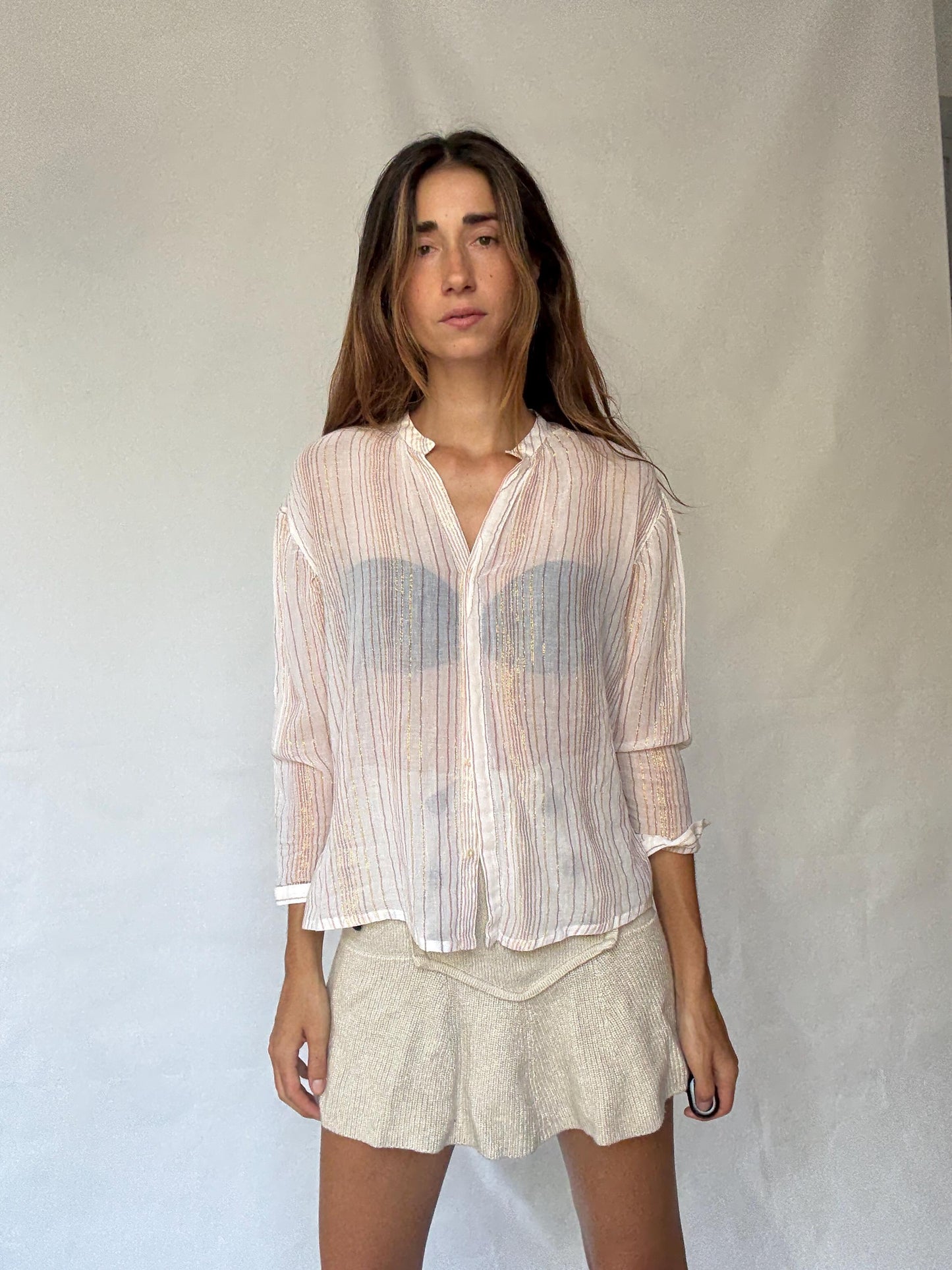 Sheer striped sparkly blouse with gold glitter threads, beach cover or tie-front top, fits like US M-L
