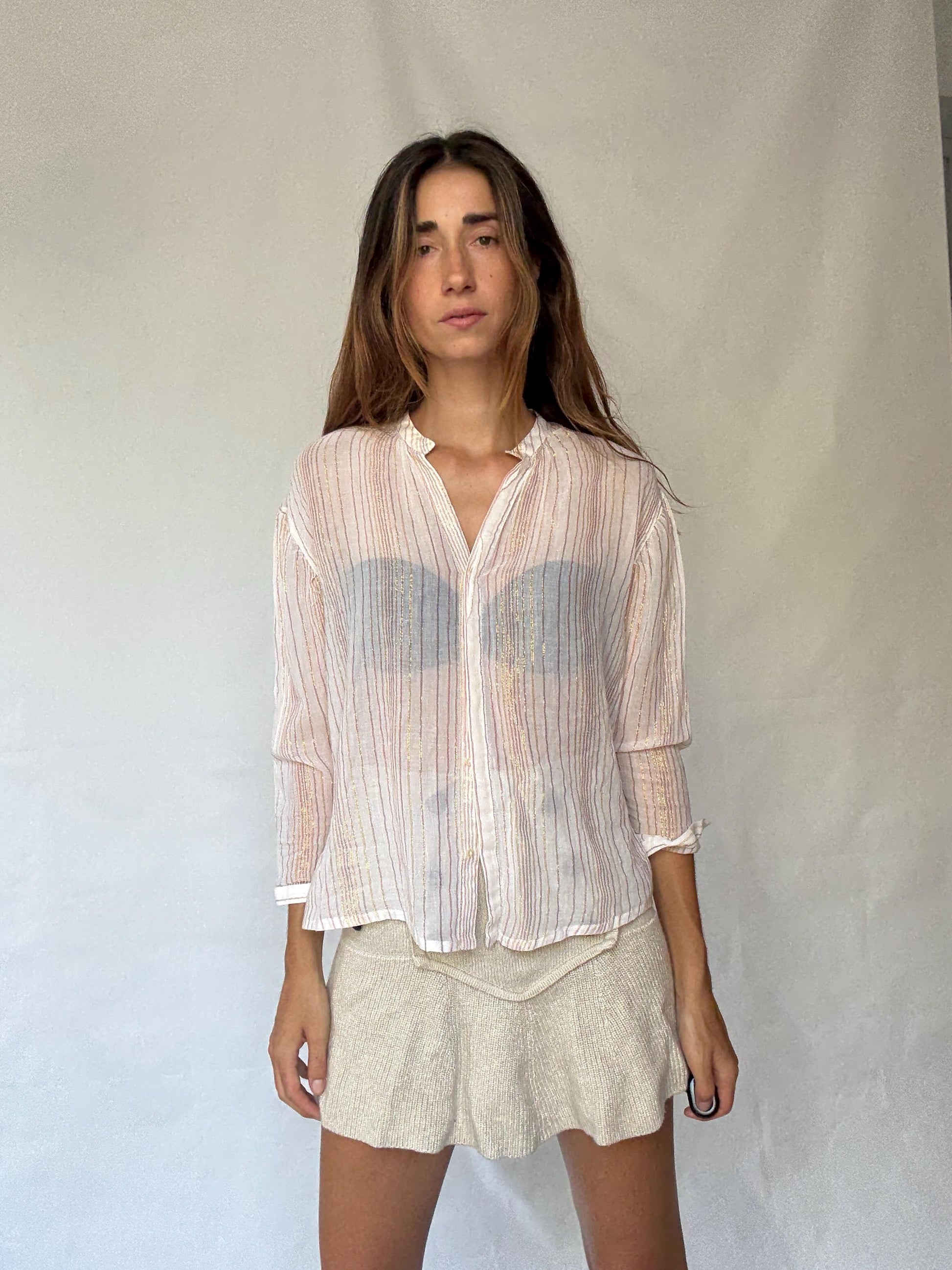 Sheer striped sparkly blouse with gold glitter threads, beach cover or tie-front top, fits like US M-L