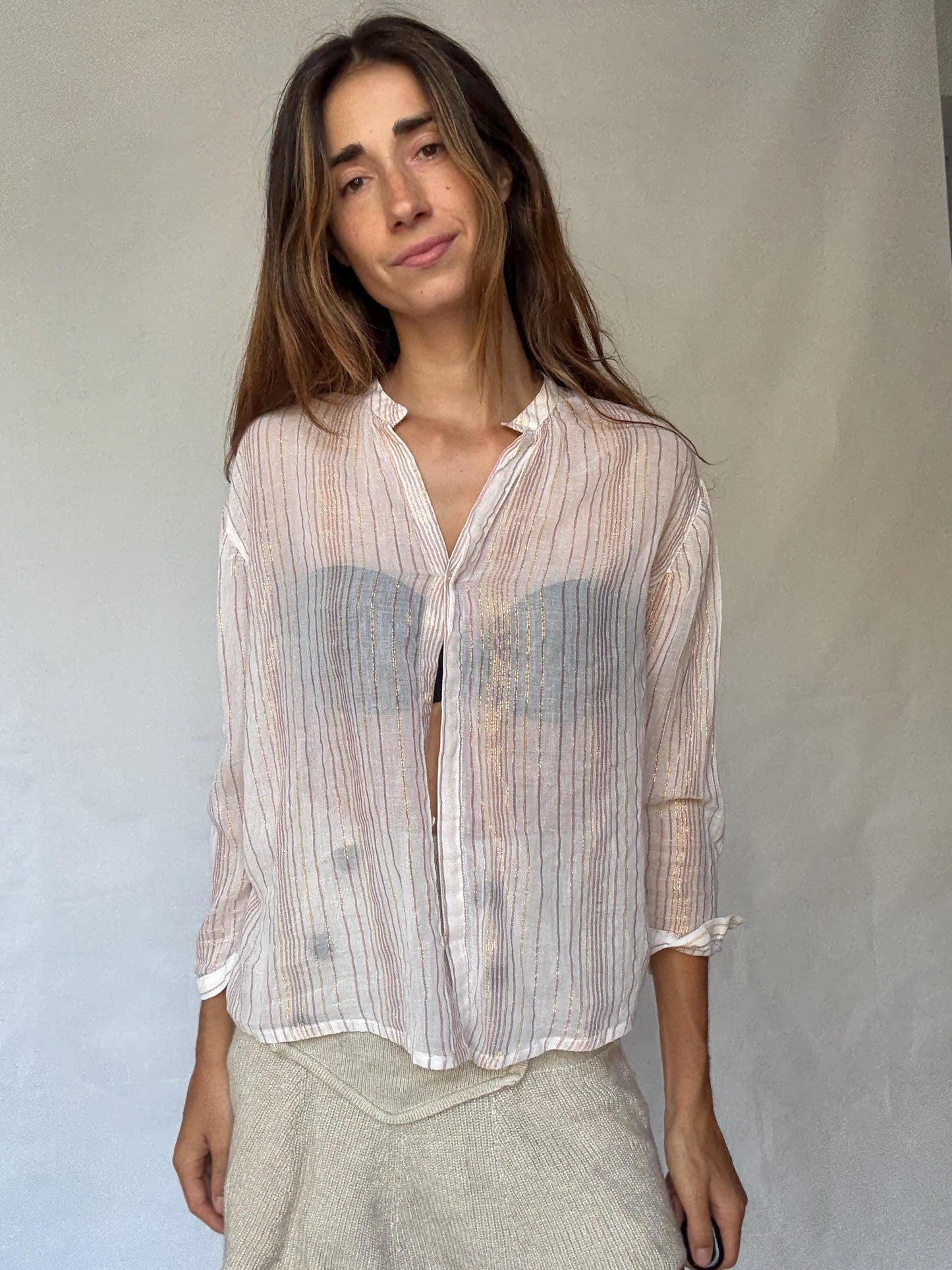 Sheer striped sparkly blouse with gold glitter threads, beach cover or tie-front top, fits like US M-L