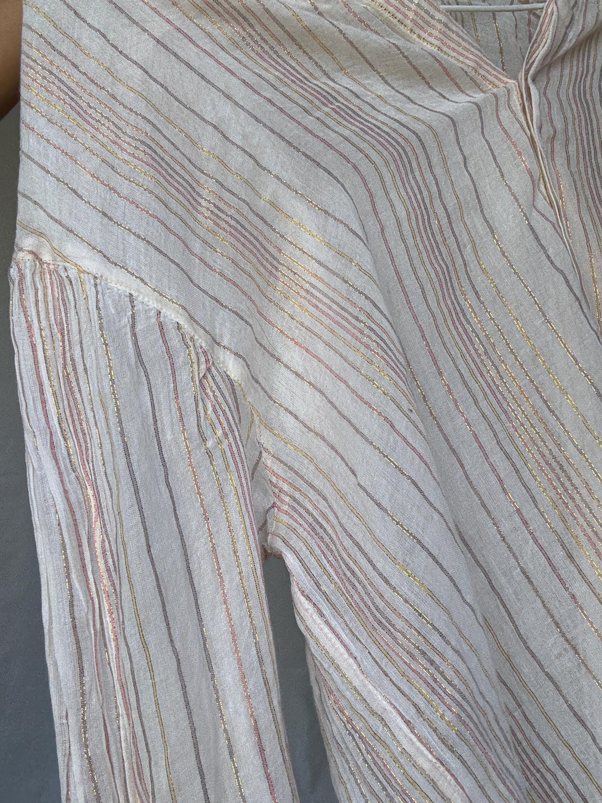 Sheer striped sparkly blouse with gold glitter threads, beach cover or tie-front top, fits like US M-L