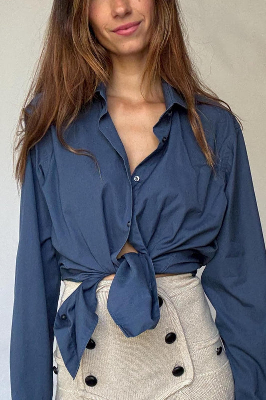 Hugo Boss navy button-up shirt in crisp cotton, unisex boyish fit, structured menswear style, fits like US M men / XL women