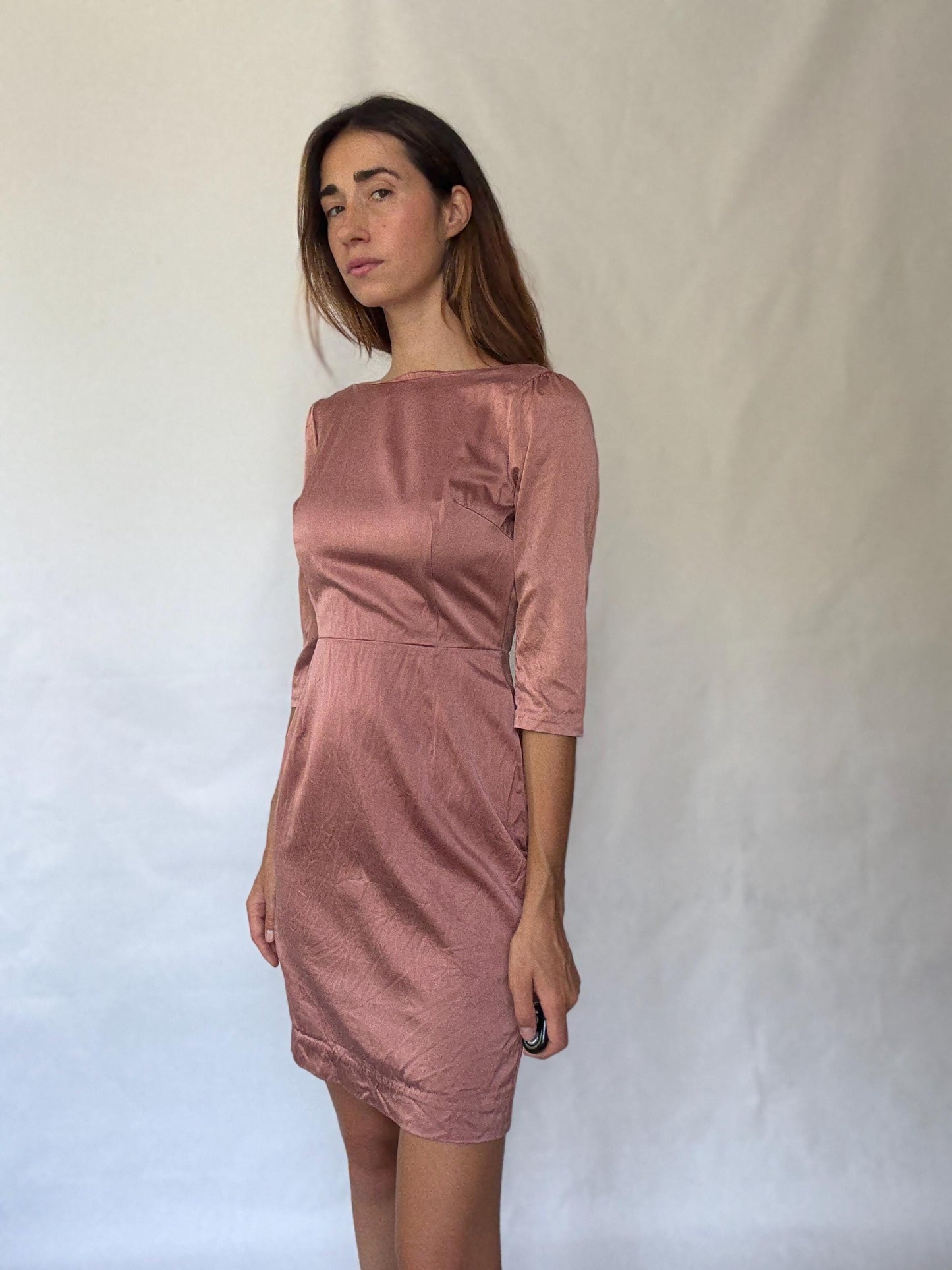 Dusty pink Hoss Intropia silk blend dress, Spanish designer, Luxury european designer wear, midi formal style, Wedding guest outfit Size 4–6