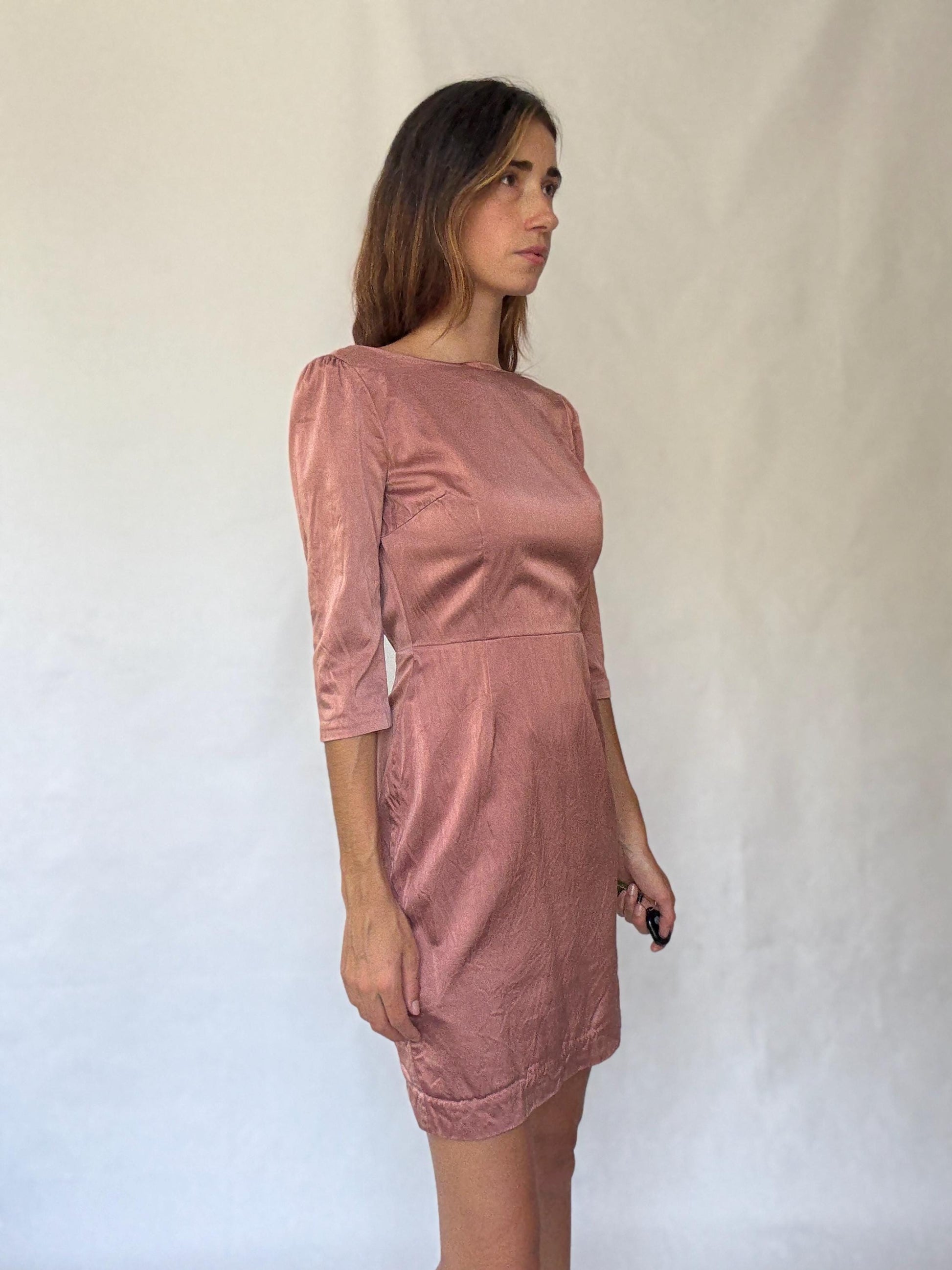 Dusty pink Hoss Intropia silk blend dress, Spanish designer, Luxury european designer wear, midi formal style, Wedding guest outfit Size 4–6