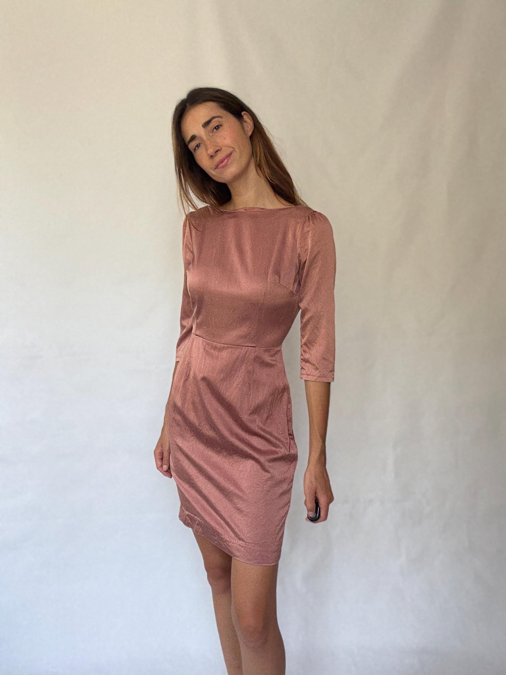 Dusty pink Hoss Intropia silk blend dress, Spanish designer, Luxury european designer wear, midi formal style, Wedding guest outfit Size 4–6