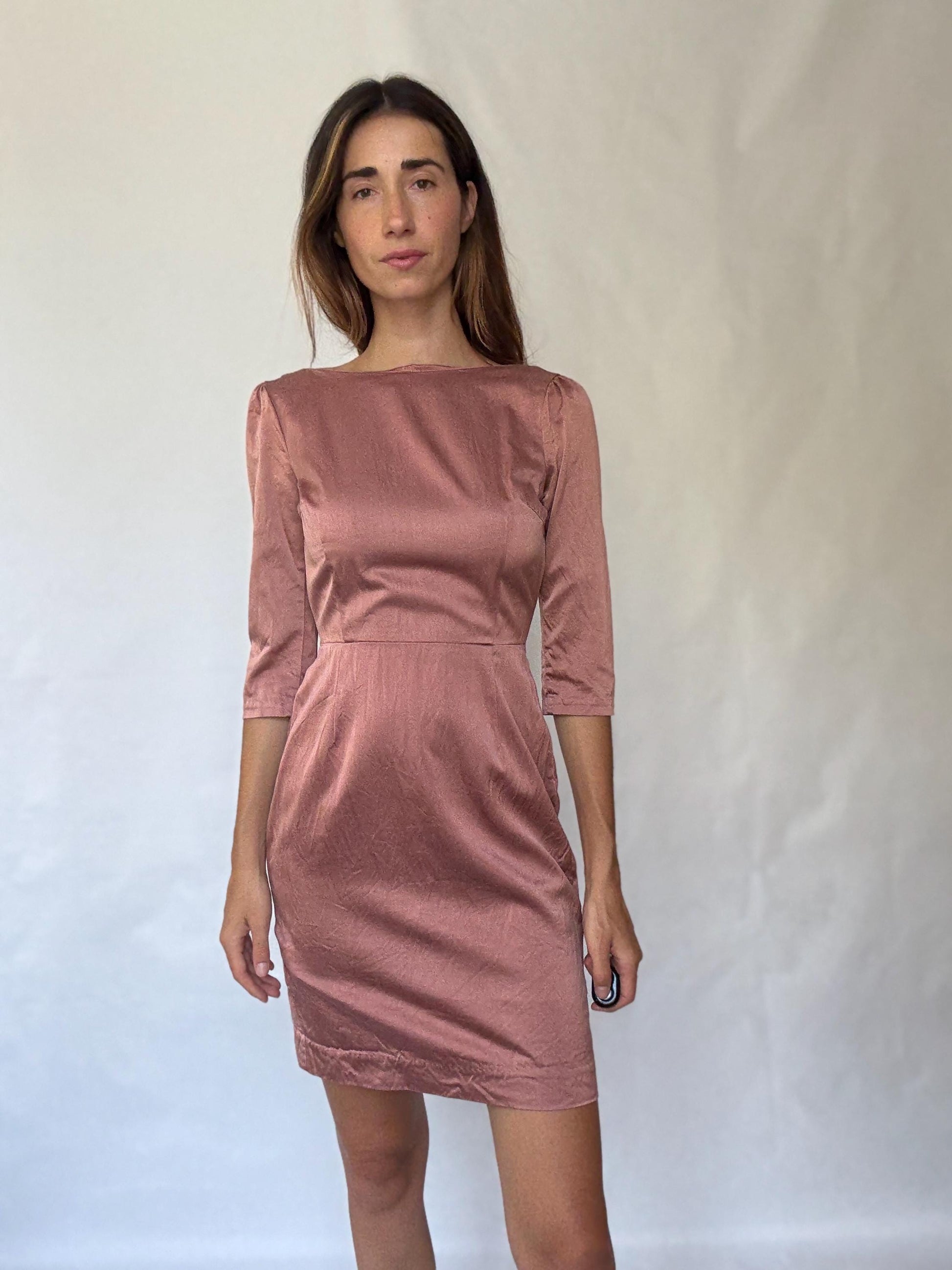 Dusty pink Hoss Intropia silk blend dress, Spanish designer, Luxury european designer wear, midi formal style, Wedding guest outfit Size 4–6