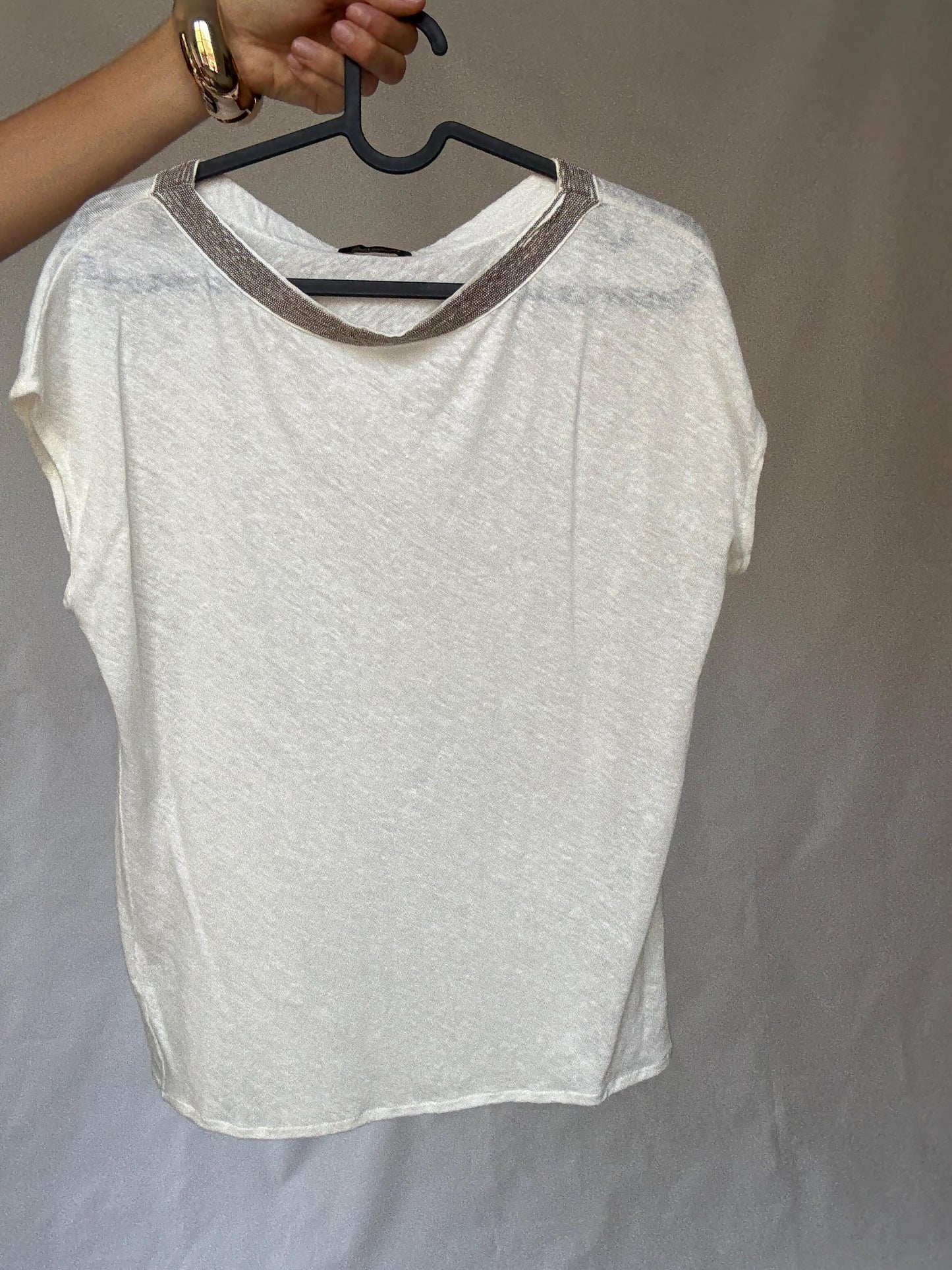 Gorgeous Massimo Dutti White Women's Shirt with Beaded Neckline Detailing in Estimated Size S, sheer Casual Vintage Style,