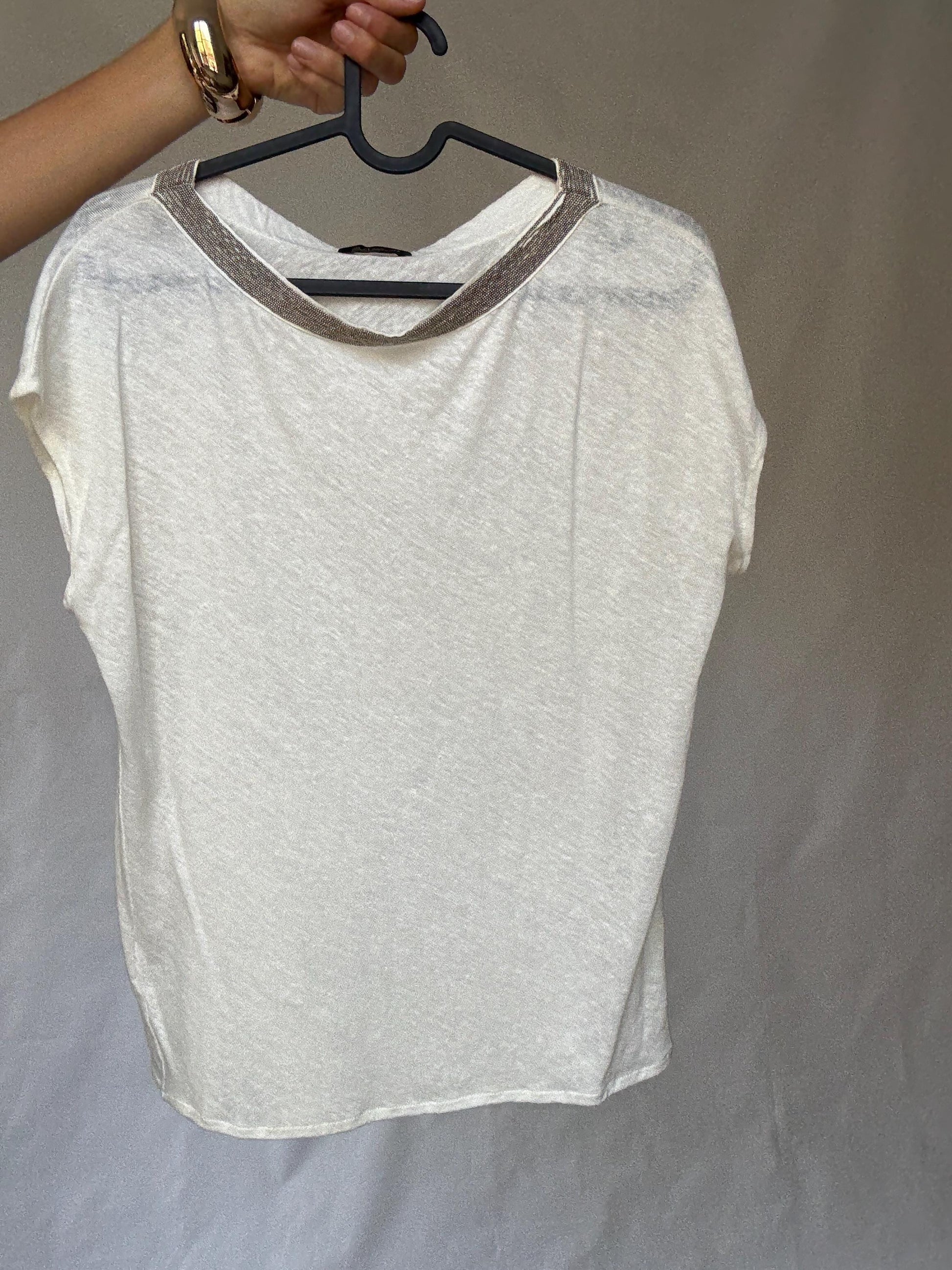 Gorgeous Massimo Dutti White Women's Shirt with Beaded Neckline Detailing in Estimated Size S, sheer Casual Vintage Style,