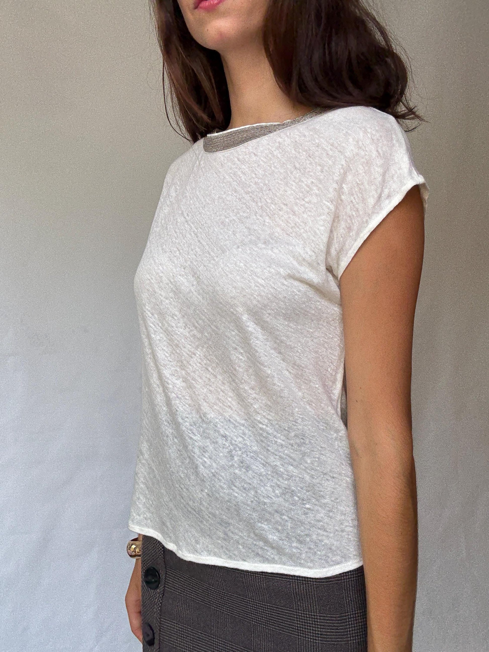 Gorgeous Massimo Dutti White Women's Shirt with Beaded Neckline Detailing in Estimated Size S, sheer Casual Vintage Style,